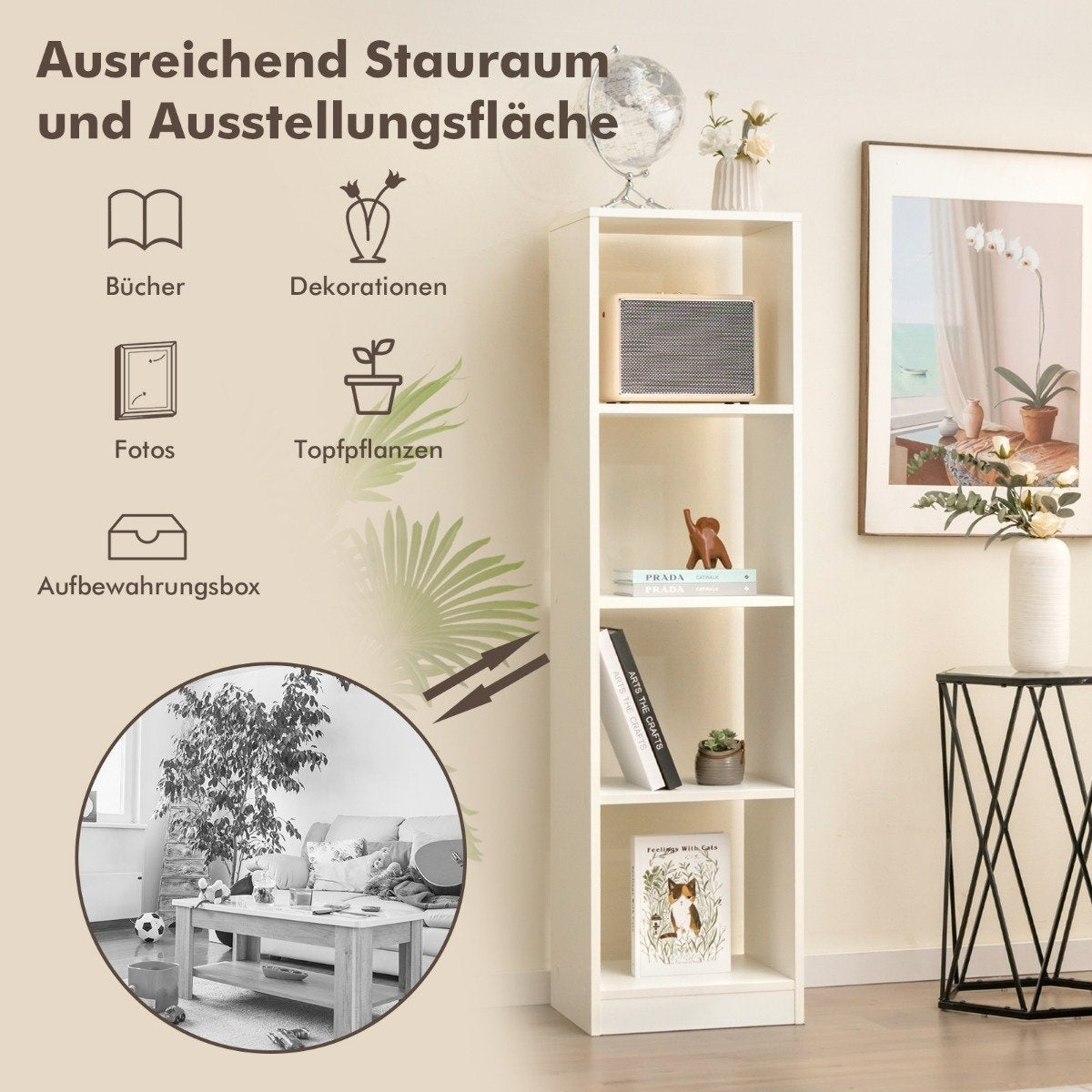Corner shelf 142 cm Narrow bookcase 38 x 33 x 142 cm White