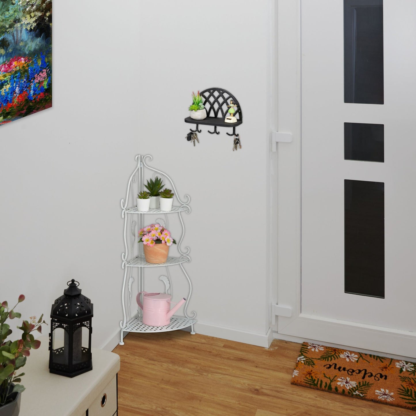 Corner shelf in white metal with 3 shelves