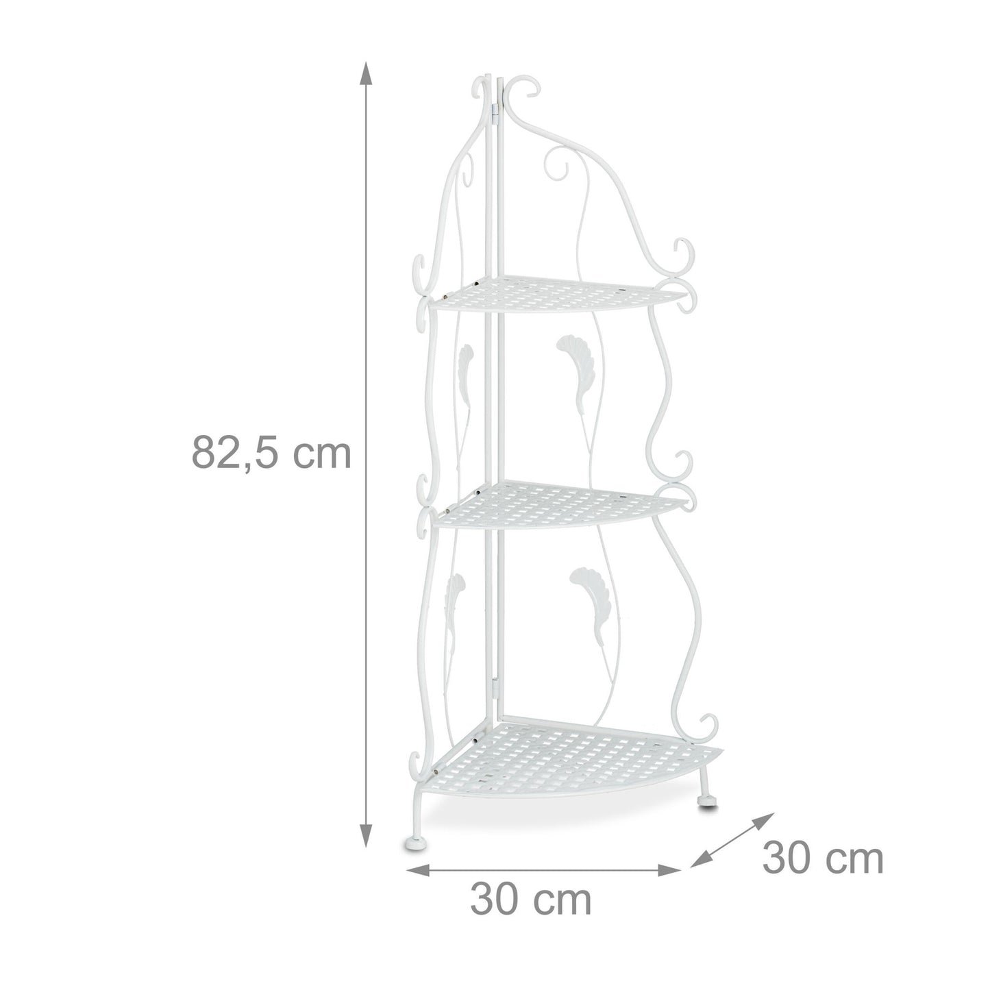 Corner shelf in white metal with 3 shelves