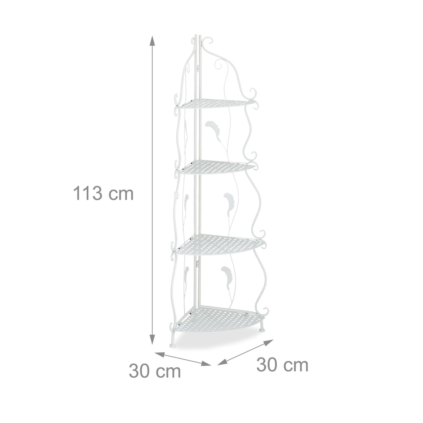 Corner shelf in white metal with 4 shelves