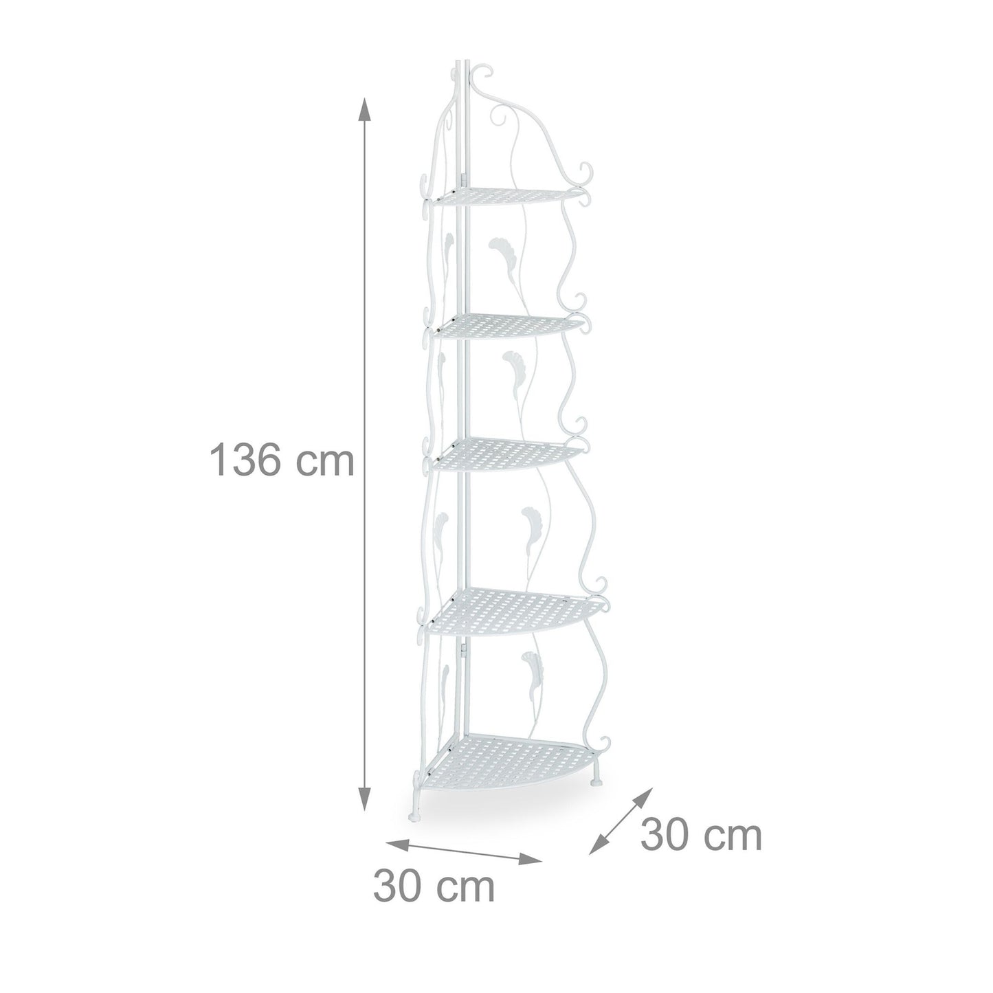 Corner shelf in white metal with 5 shelves