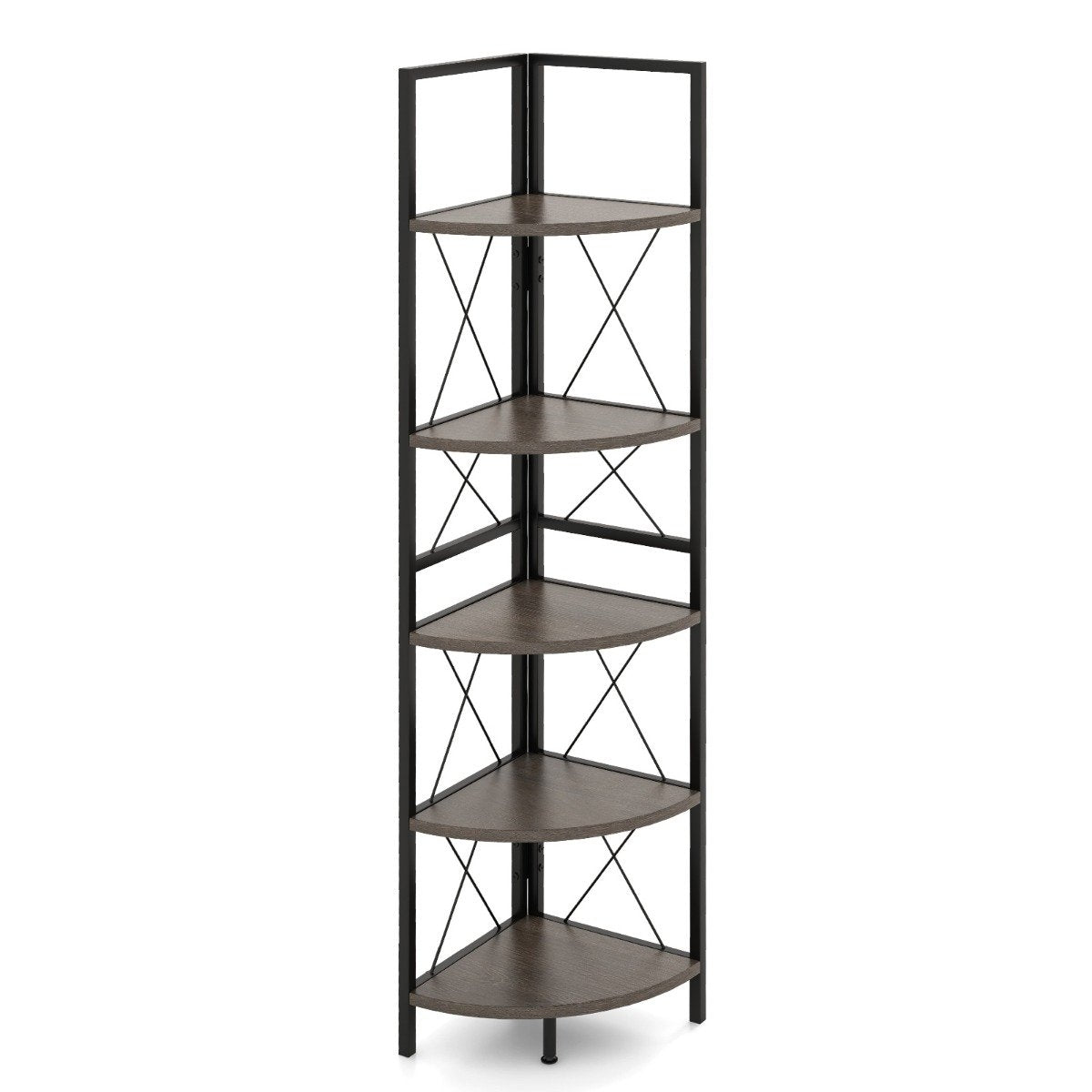 Corner shelf with 5 levels 160 cm high bookcase wooden standing shelf with metal frame oak gray