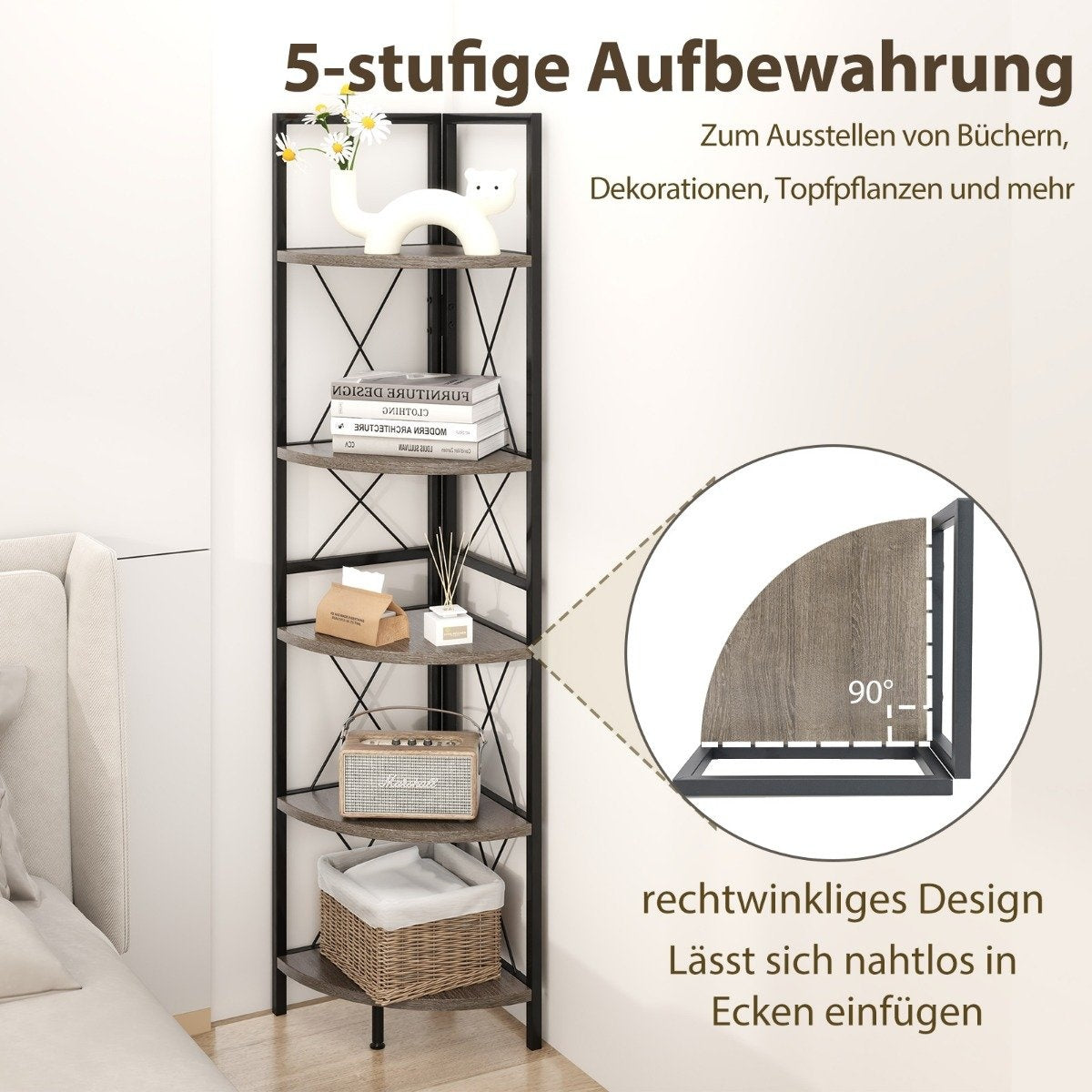 Corner shelf with 5 levels 160 cm high bookcase wooden standing shelf with metal frame oak gray