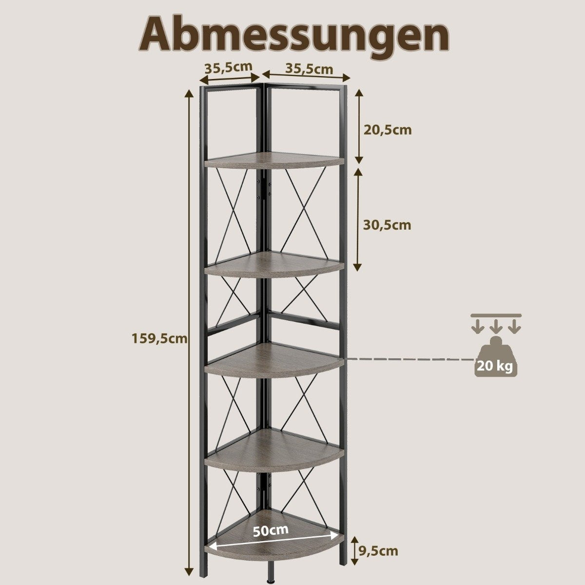 Corner shelf with 5 levels 160 cm high bookcase wooden standing shelf with metal frame oak gray