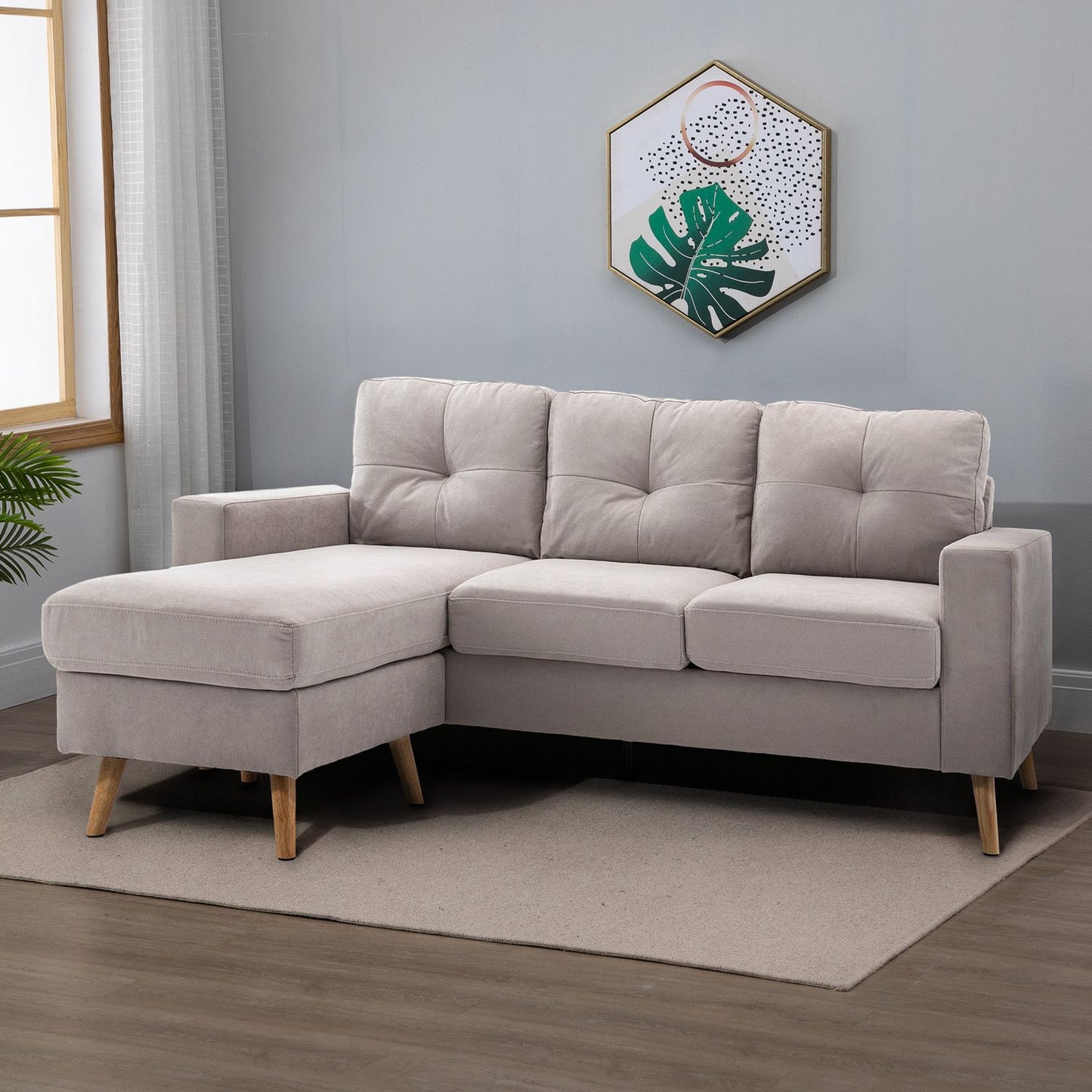 Light gray L-shaped corner sofa with chaise longue, fabric, 3-seater