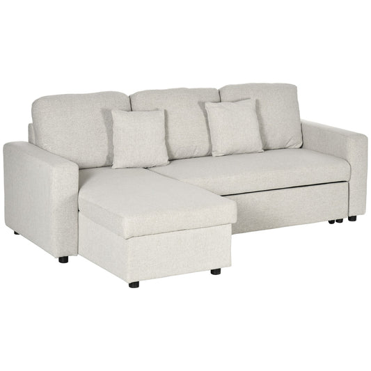 Corner Sofa Bed with Storage, Cream White Linen, L-Shape