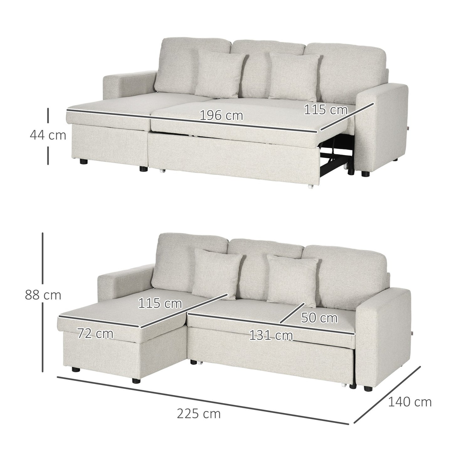 Corner Sofa Bed with Storage, Cream White Linen, L-Shape