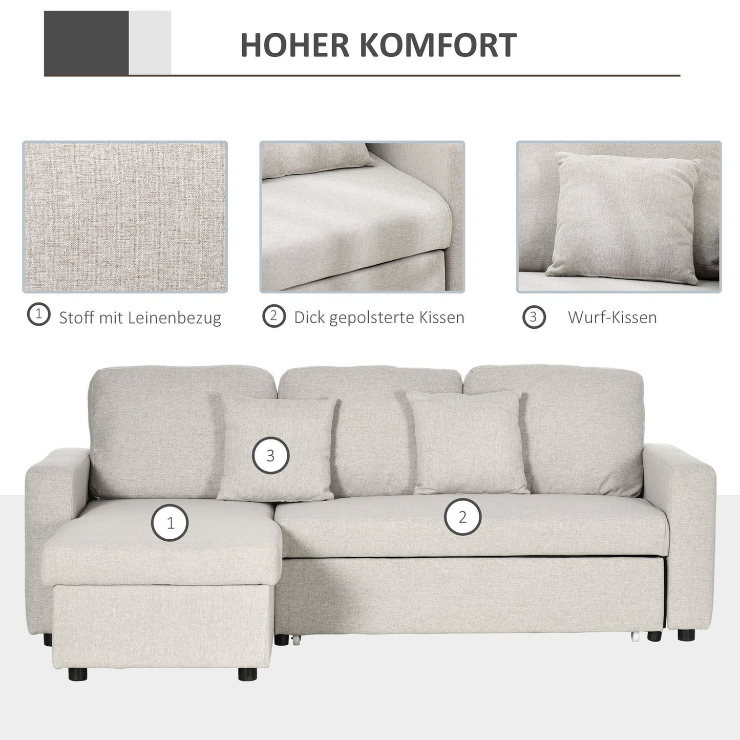 Corner Sofa Bed with Storage, Cream White Linen, L-Shape