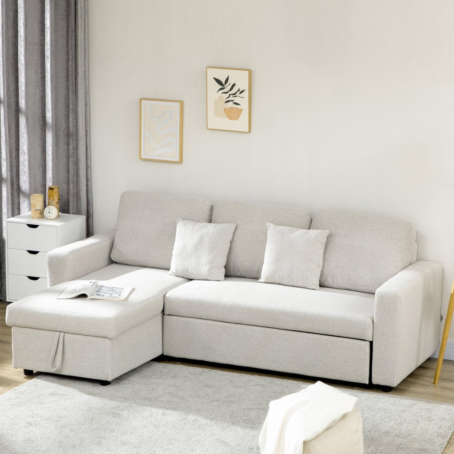 Corner Sofa Bed with Storage, Cream White Linen, L-Shape