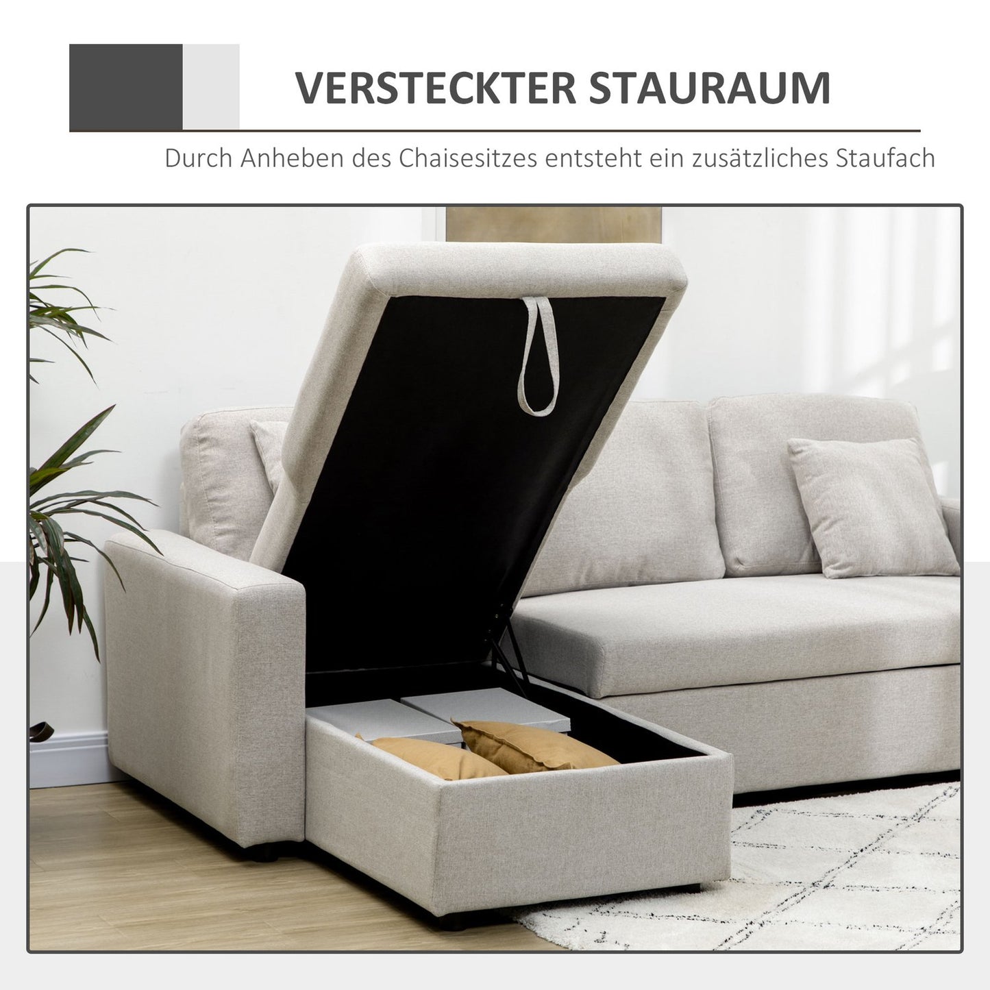 Corner Sofa Bed with Storage, Cream White Linen, L-Shape
