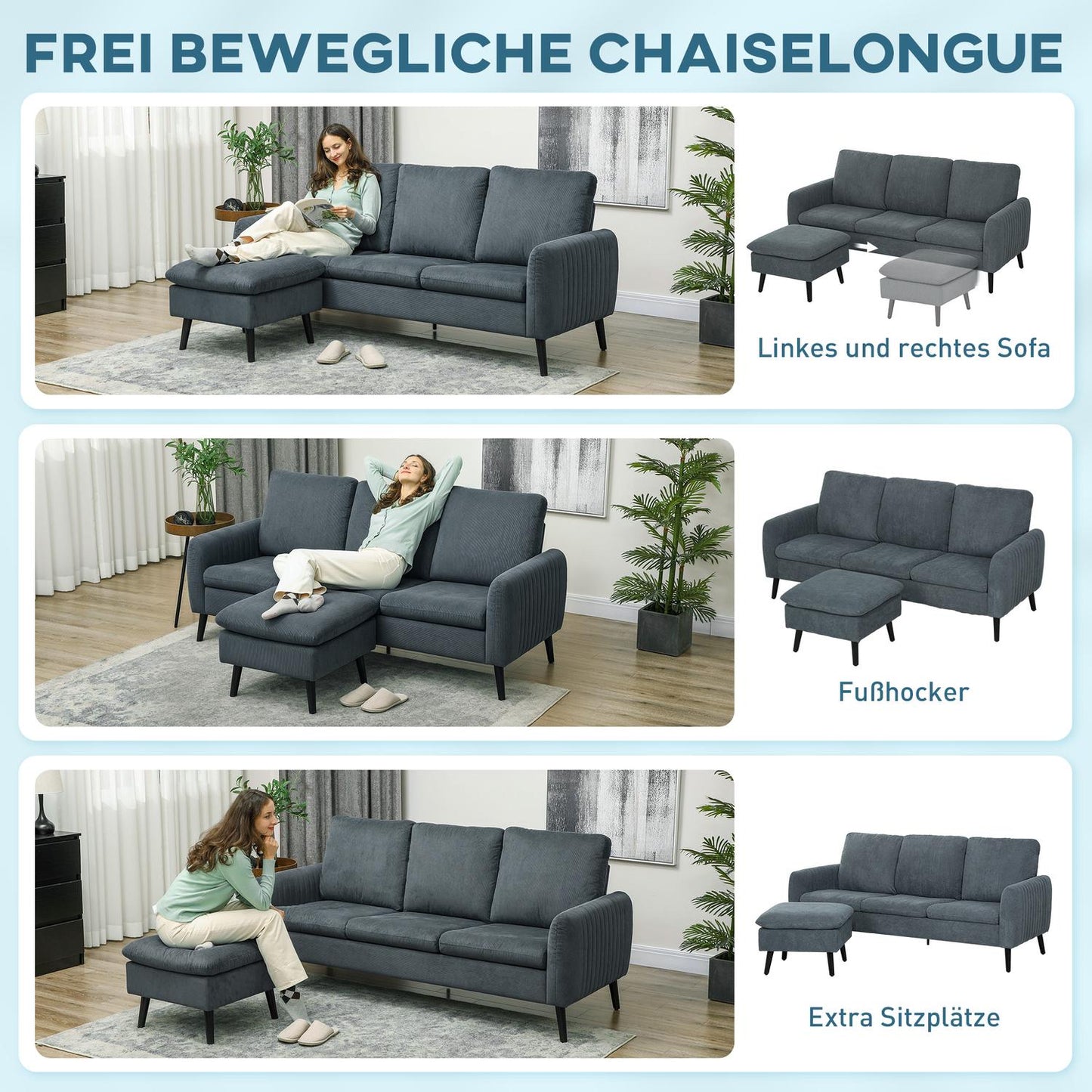 Gray L-shaped corner sofa with footstool & cushions