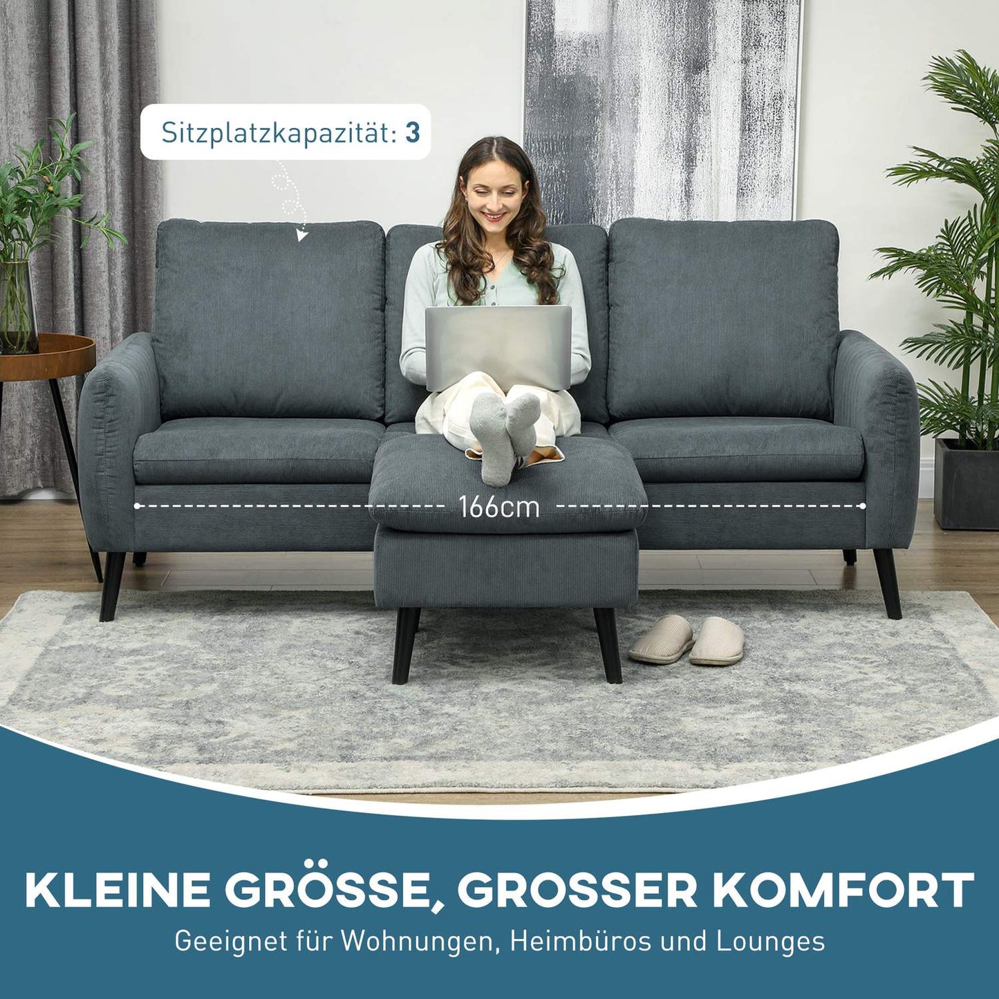 Gray L-shaped corner sofa with footstool & cushions