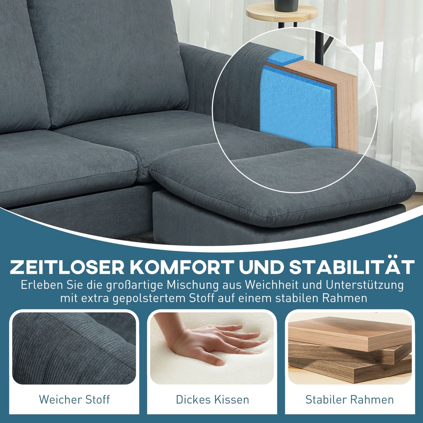 Gray L-shaped corner sofa with footstool & cushions