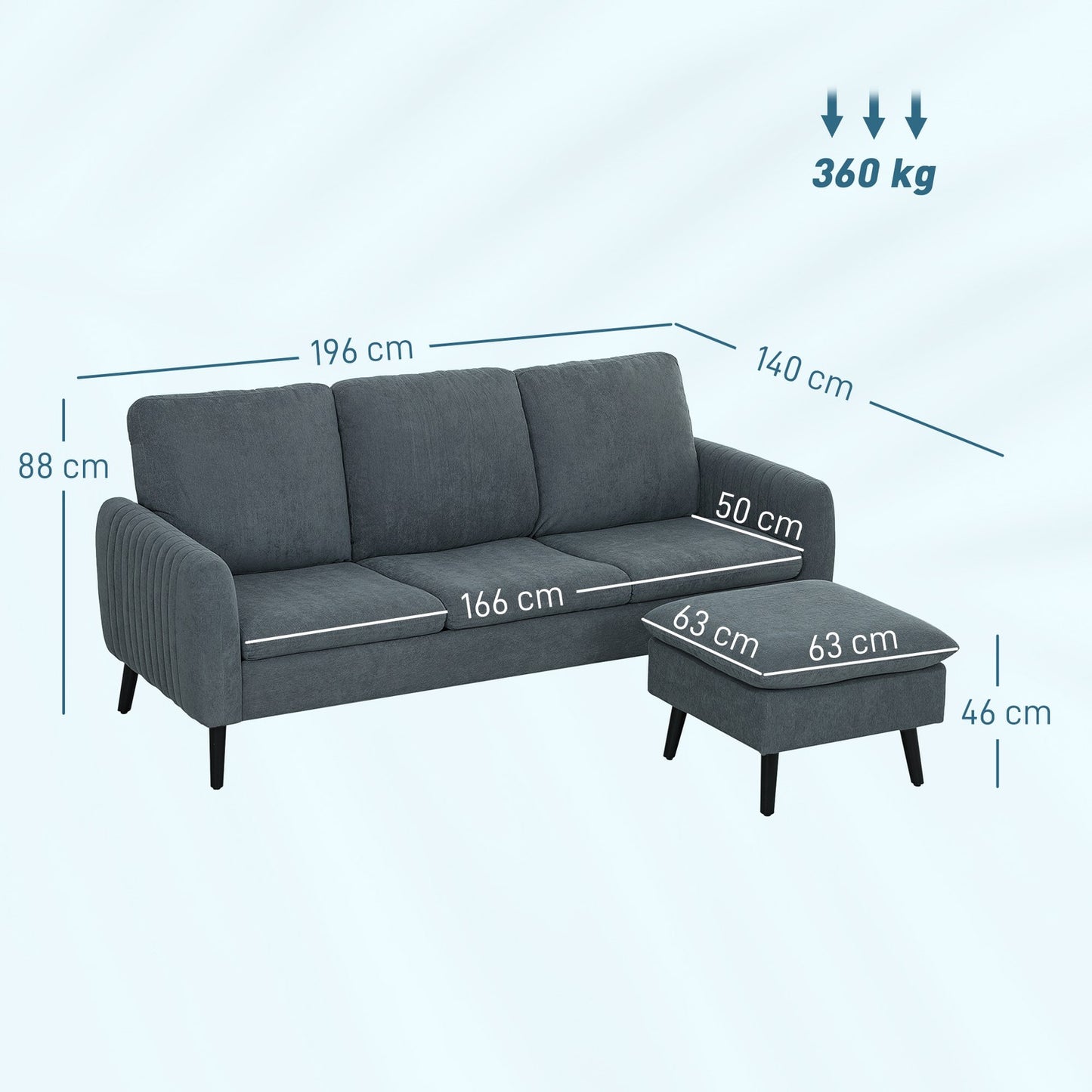 Gray L-shaped corner sofa with footstool & cushions