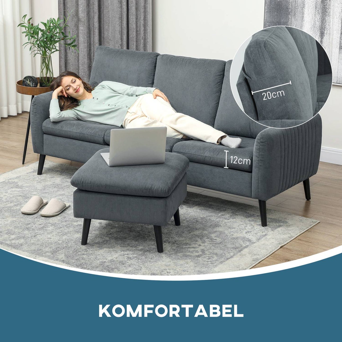 Gray L-shaped corner sofa with footstool & cushions