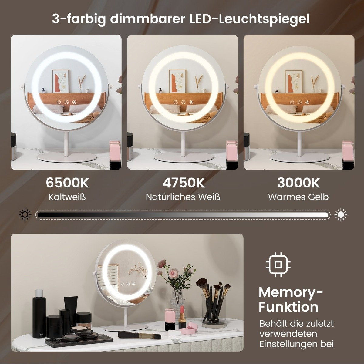 Cosmetic mirror with 25 cm diameter & lighting 3-color dimmable LED mirror white
