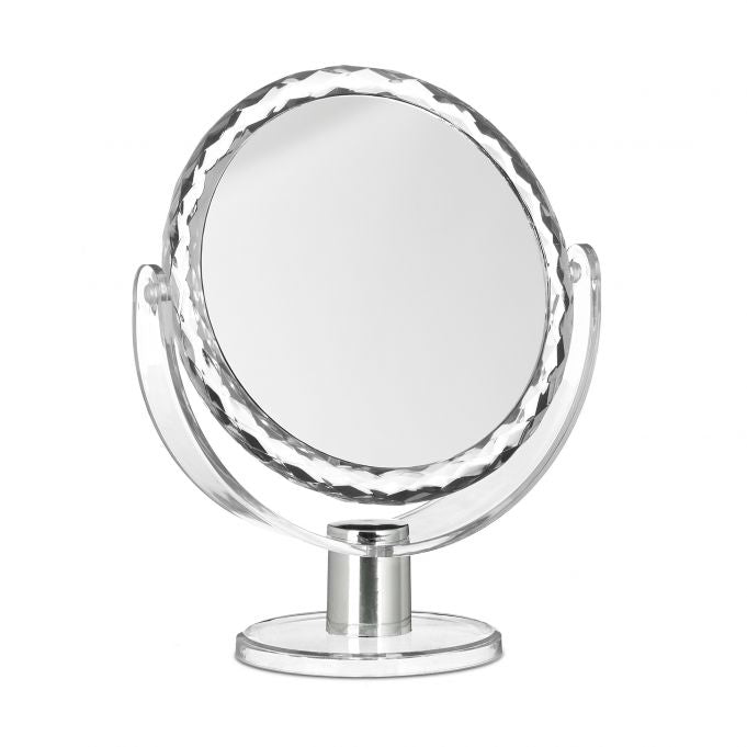 Cosmetic mirror with magnification standing