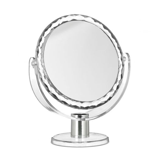 Cosmetic mirror with magnification standing