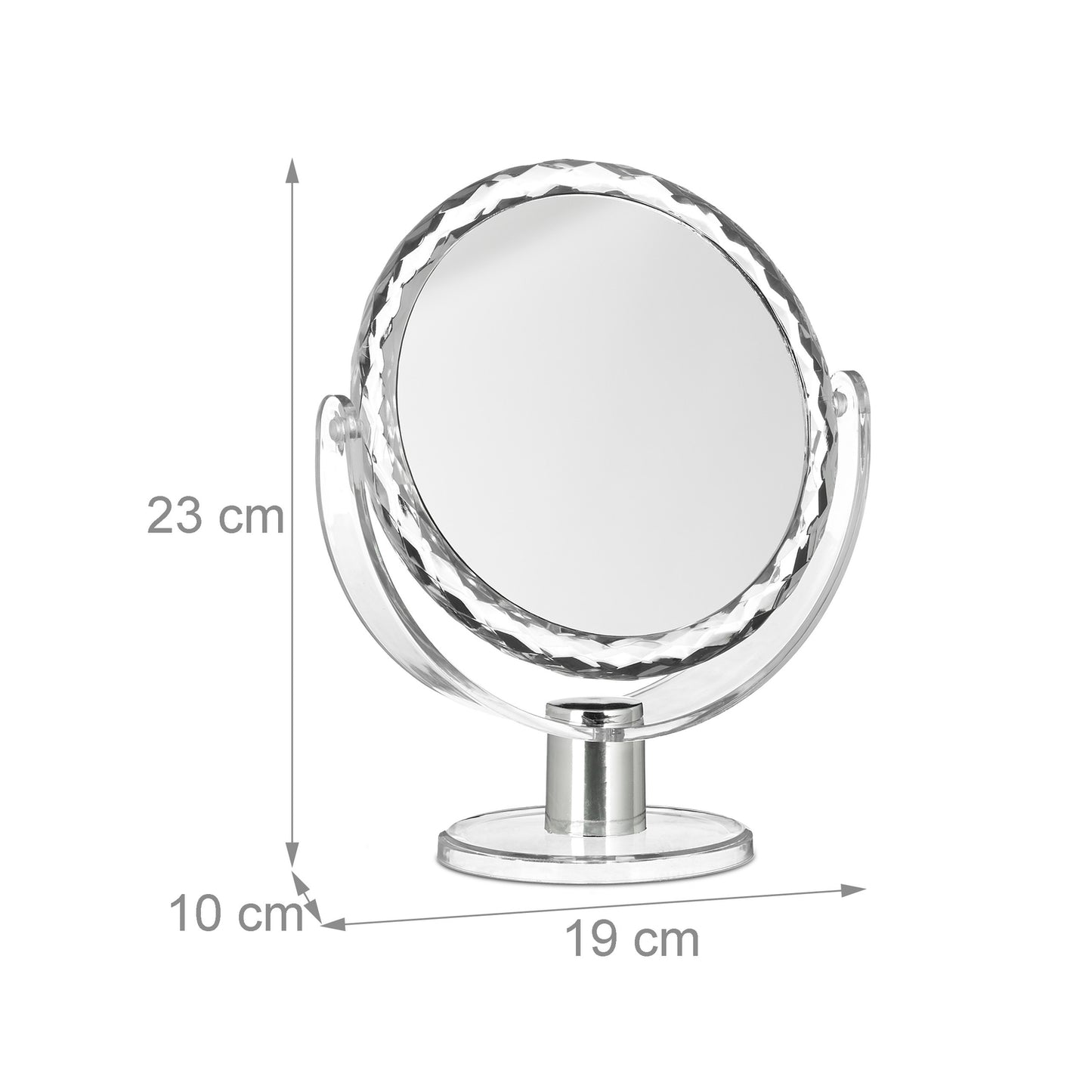 Cosmetic mirror with magnification standing