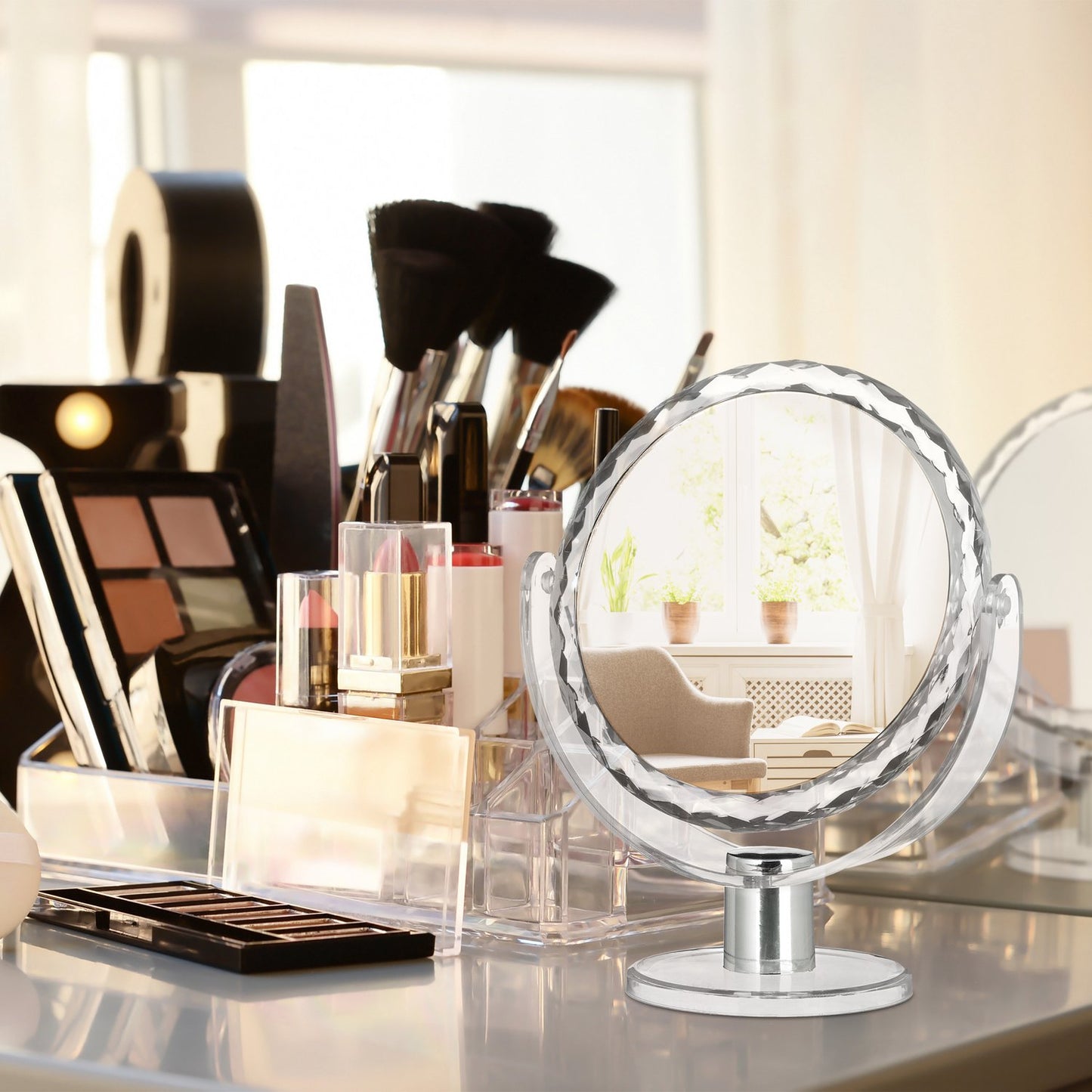 Cosmetic mirror with magnification standing