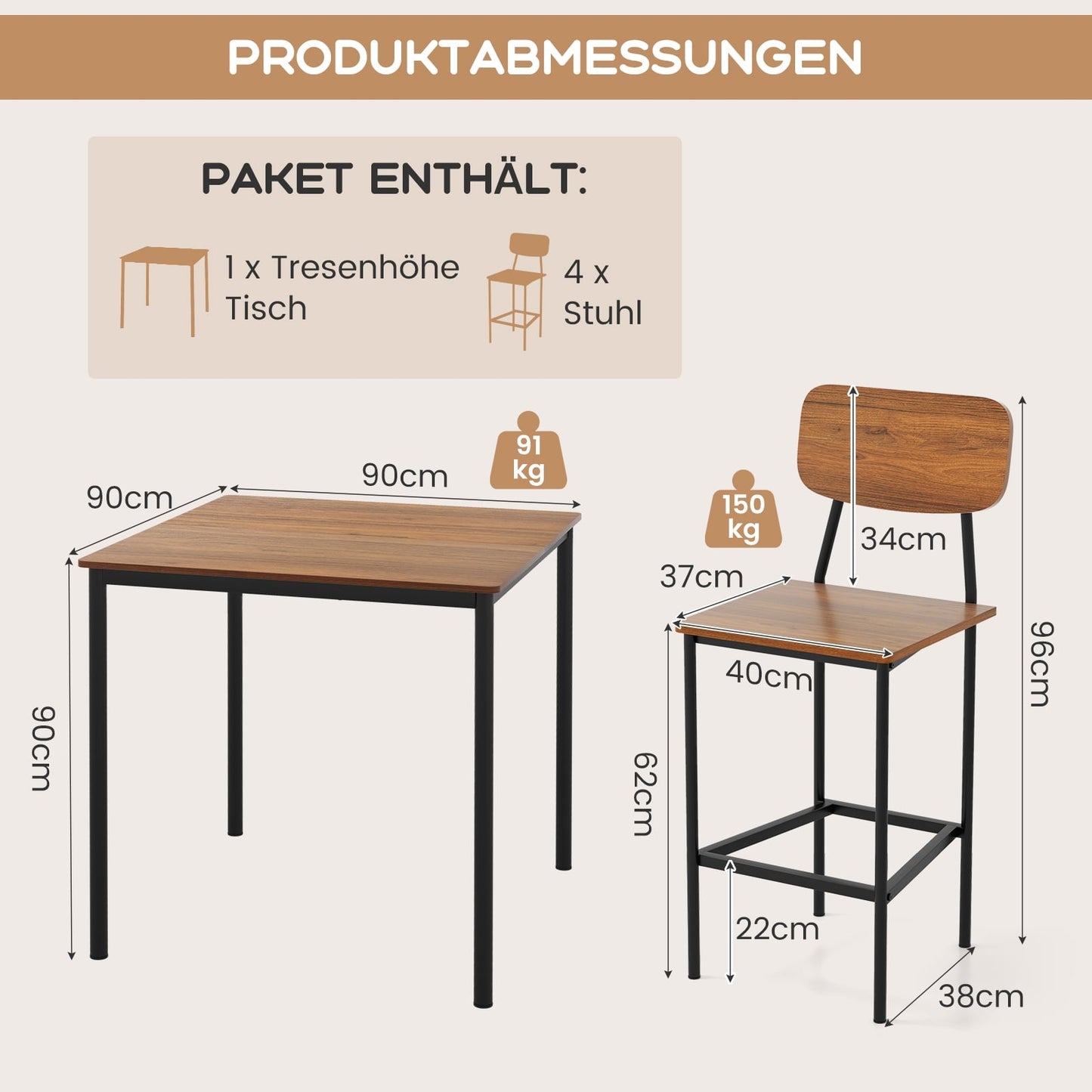 Counter-Height Dining Set with 4 Stools, Dark Brown, MDF