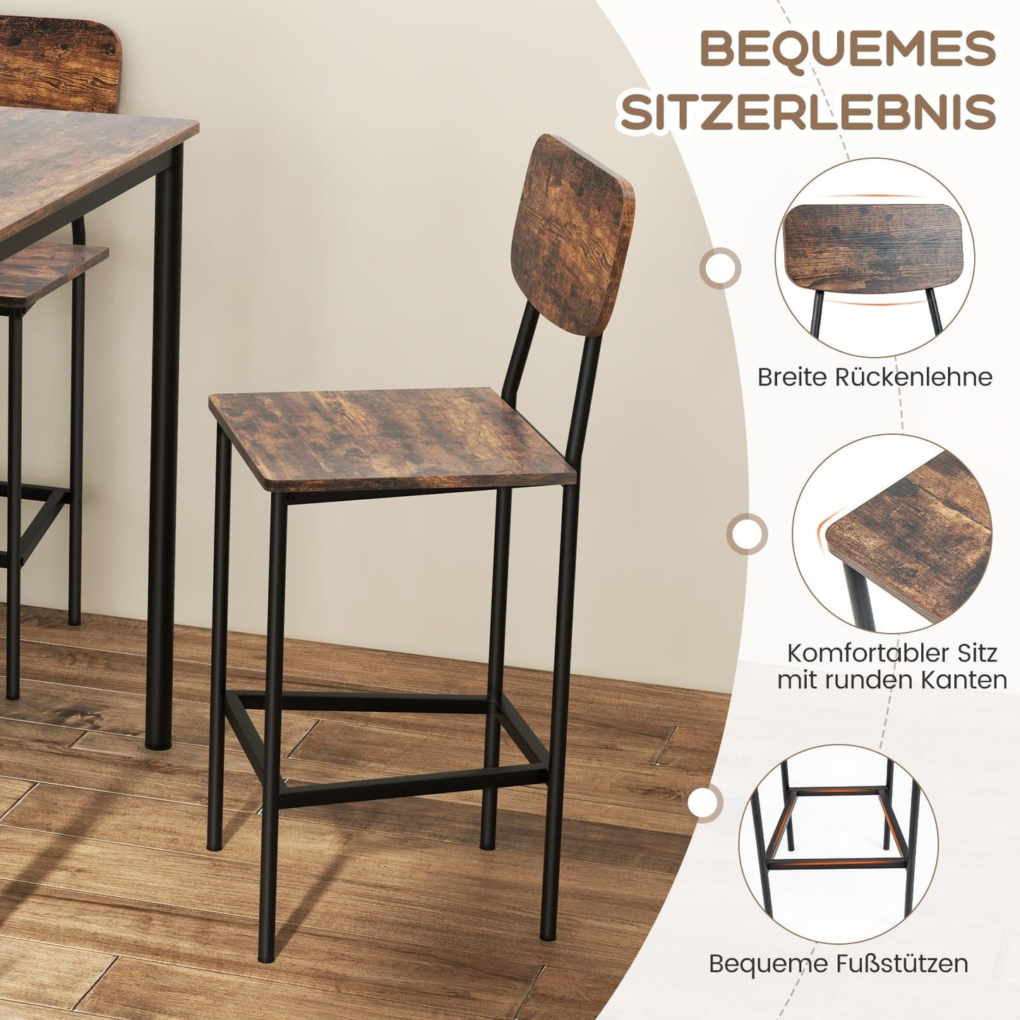 Counter-Height Dining Set with 4 Stools, Rustic Brown, Space-Saving