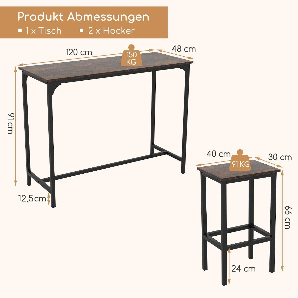 Counter-Height Dining Set with Table and 2 Stools, Brown