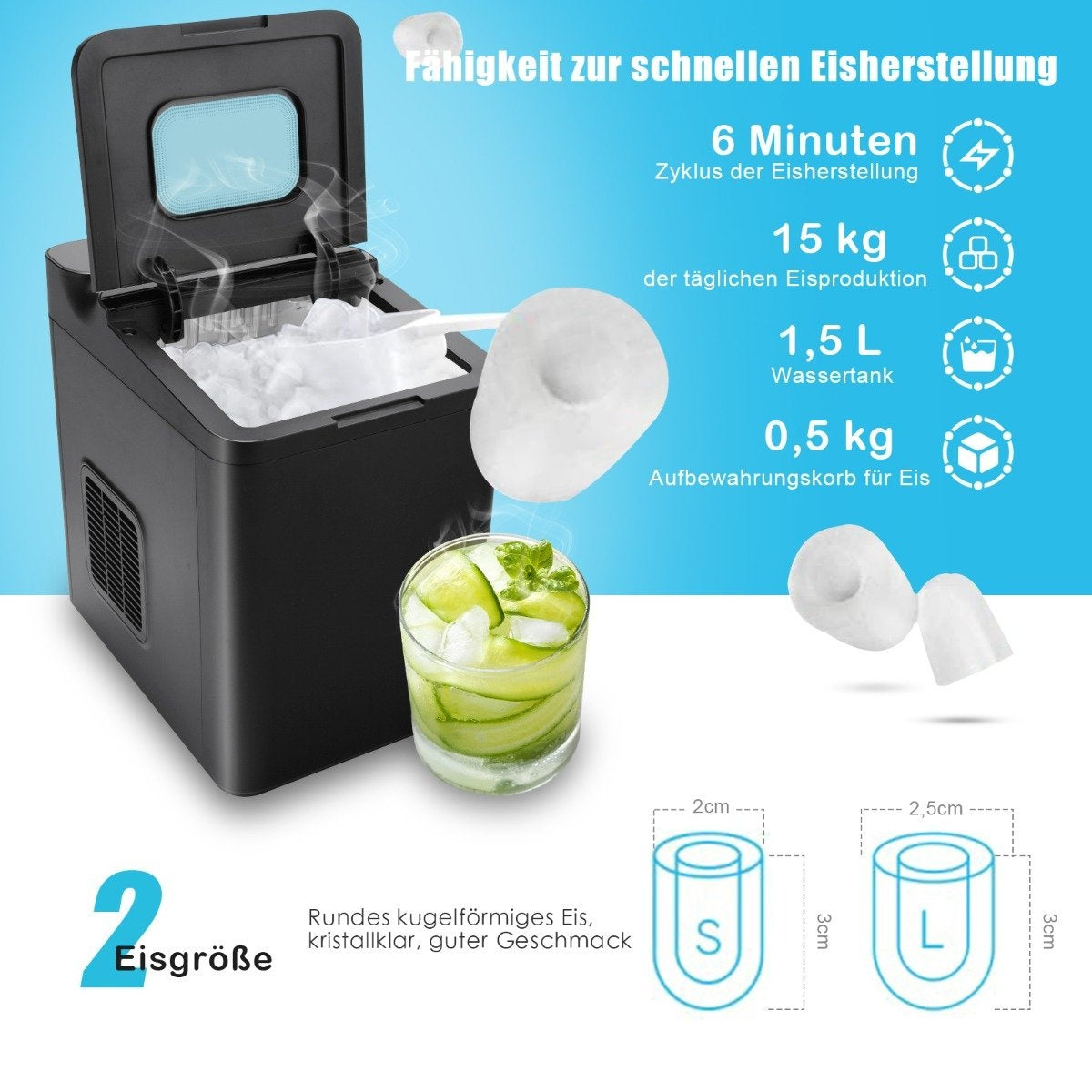 Counter ice machine ice cube machine table ice cube maker 22.5 x 32 x 32.5 cm black
