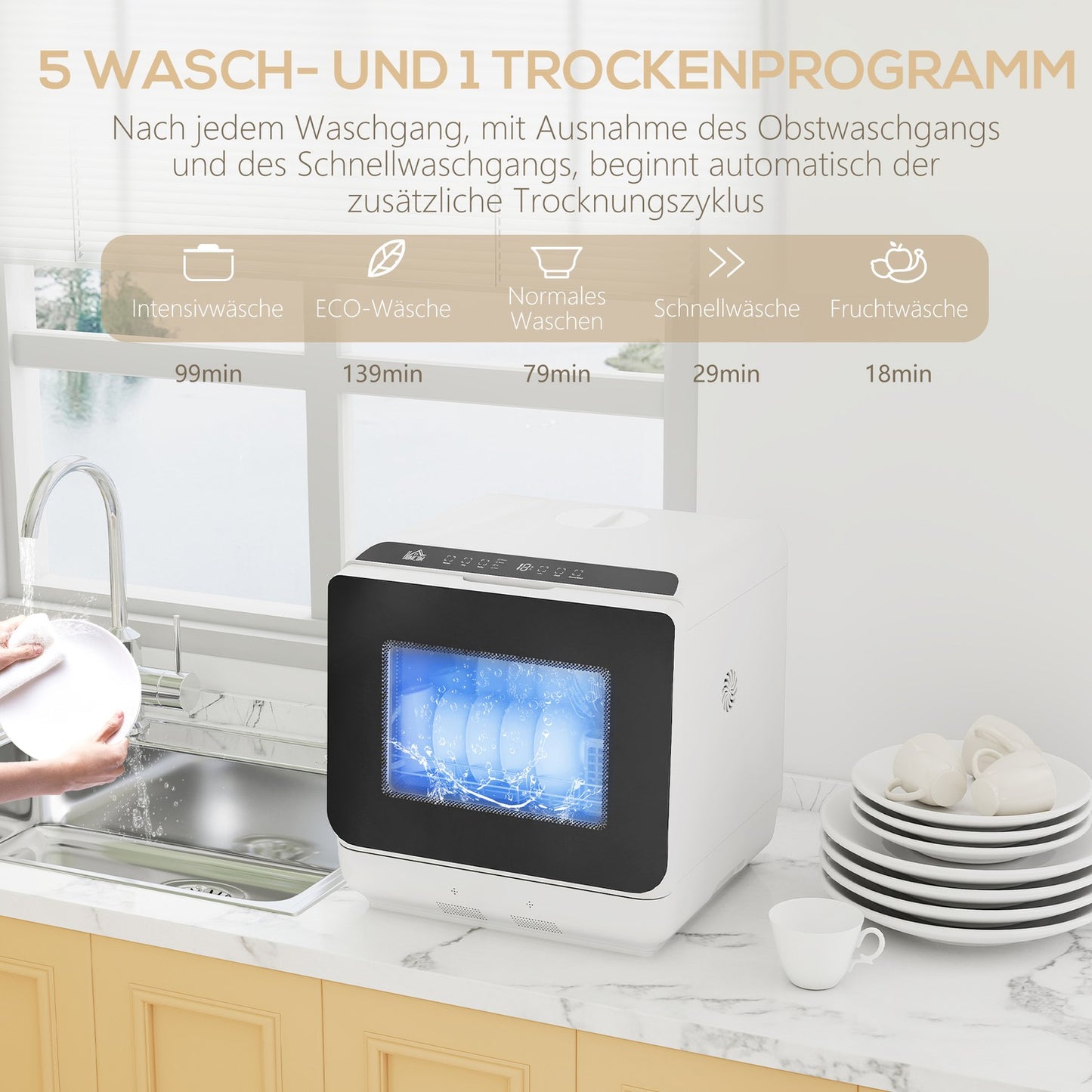 Countertop Dishwasher, 6L Tank, 5 Programs, LED Display