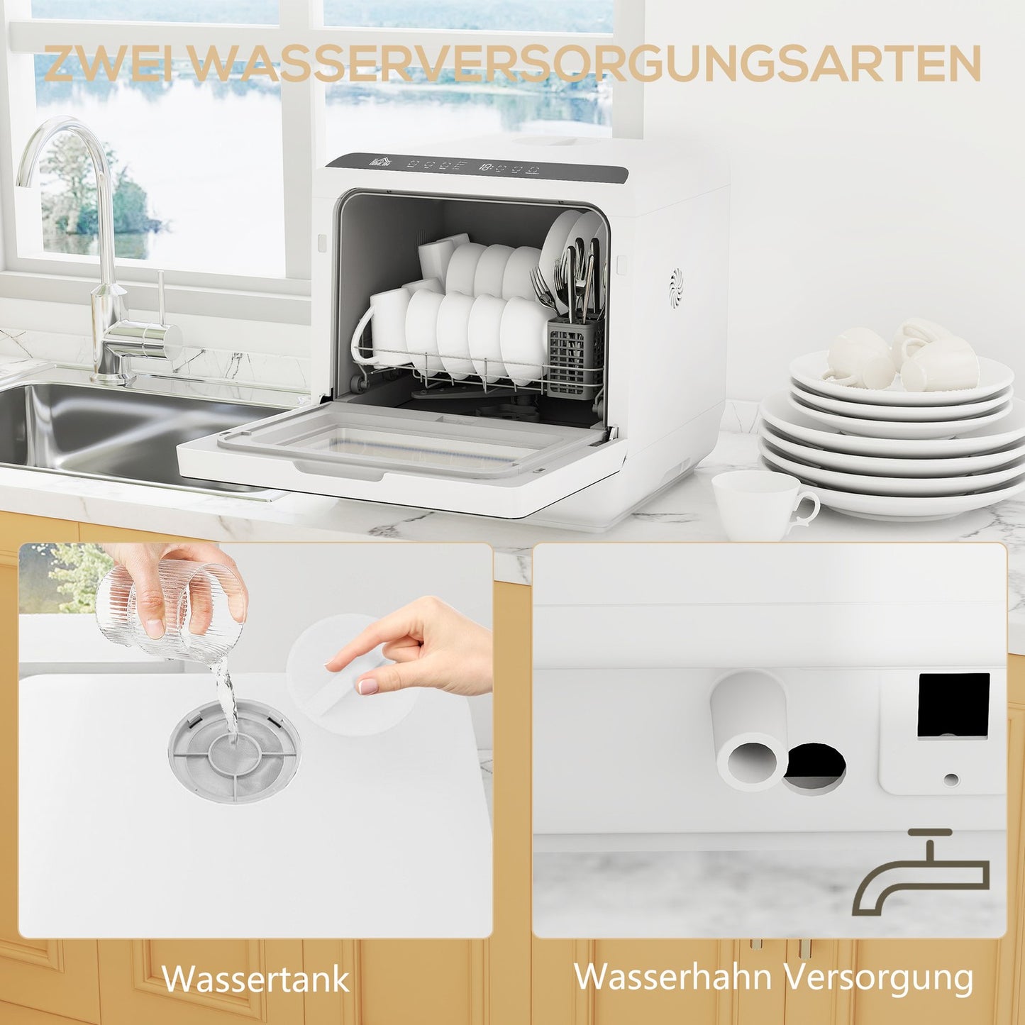Countertop Dishwasher, 6L Tank, 5 Programs, LED Display