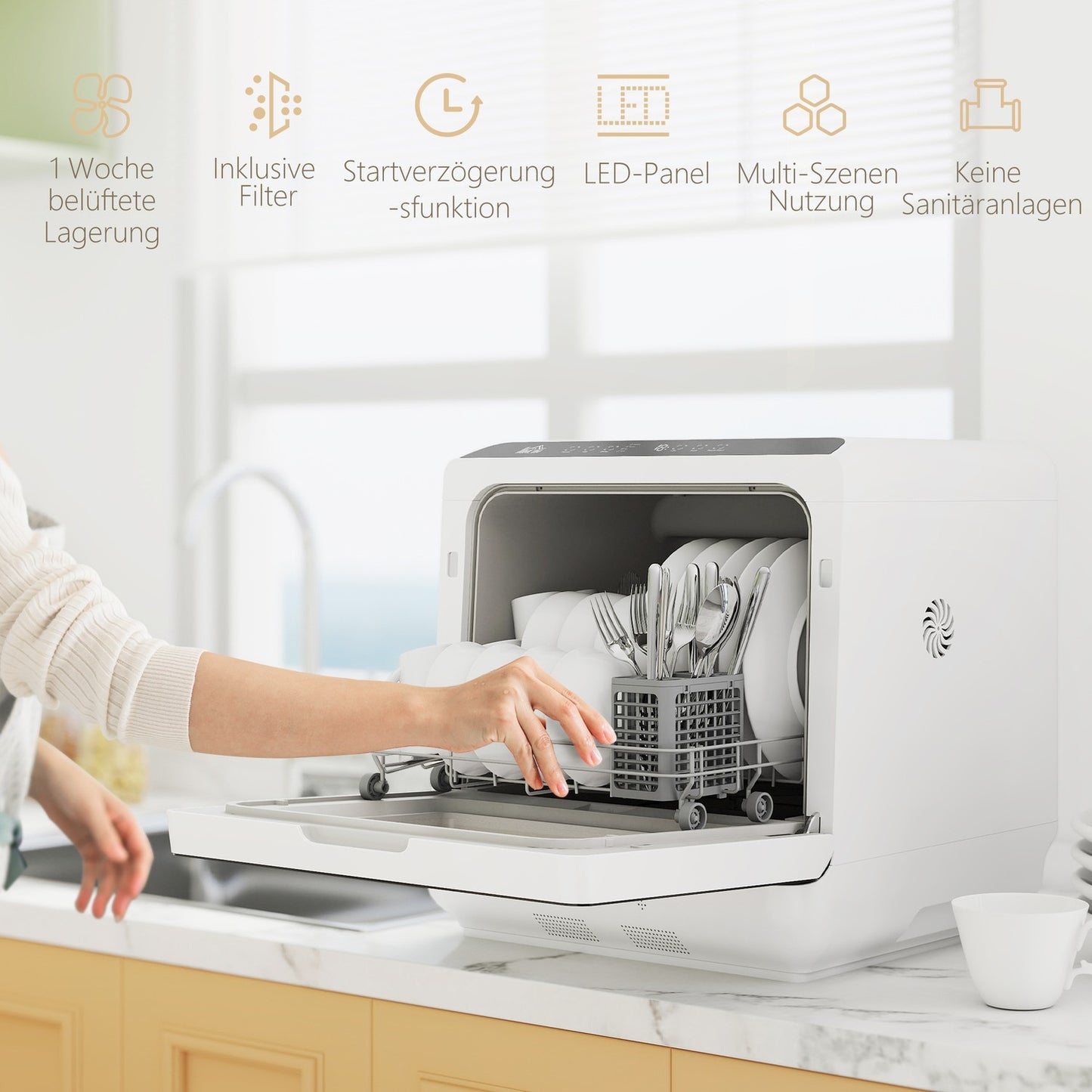 Countertop Dishwasher, 6L Tank, 5 Programs, LED Display