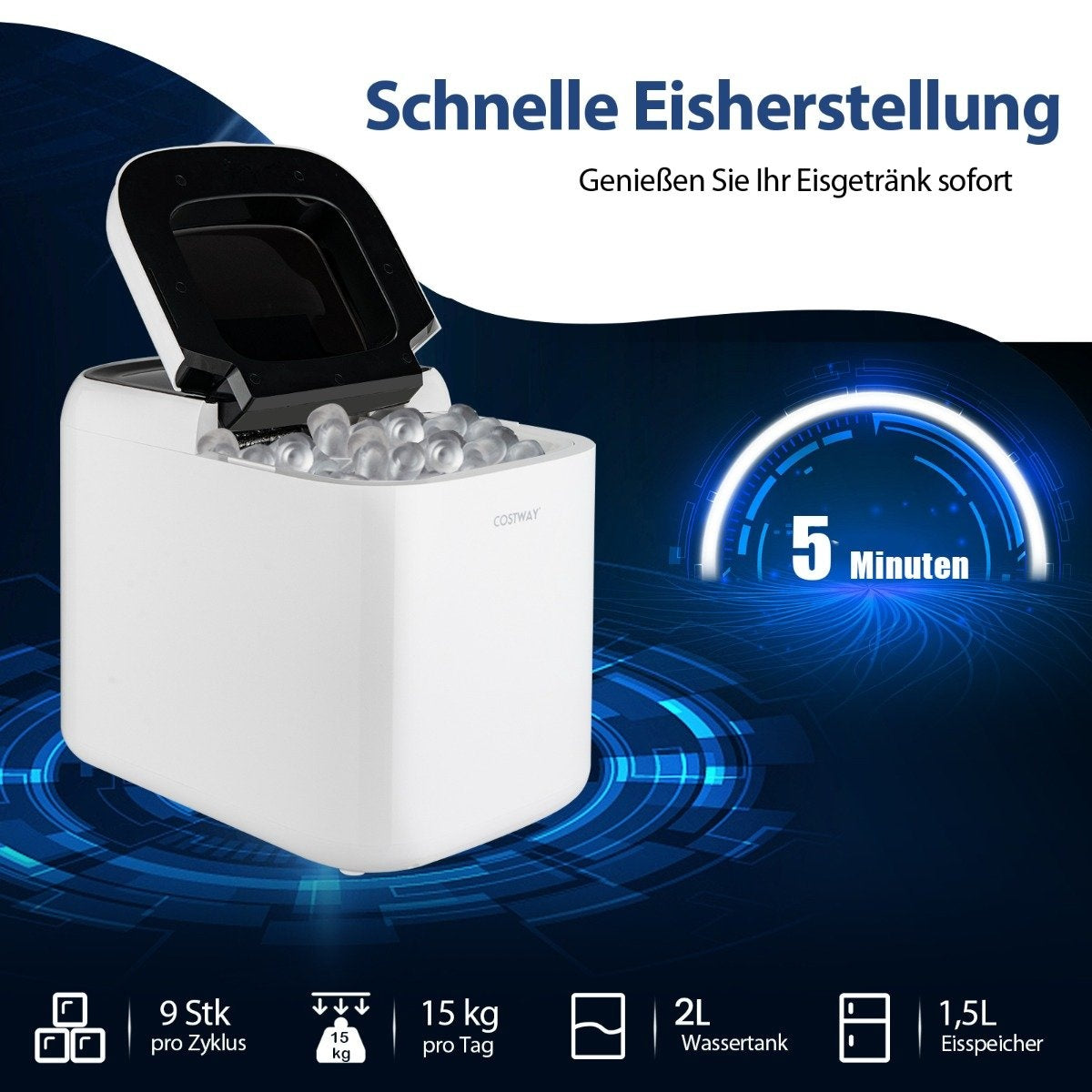Countertop Ice Maker, 2L Tank, 15kg/Day, Self-Cleaning