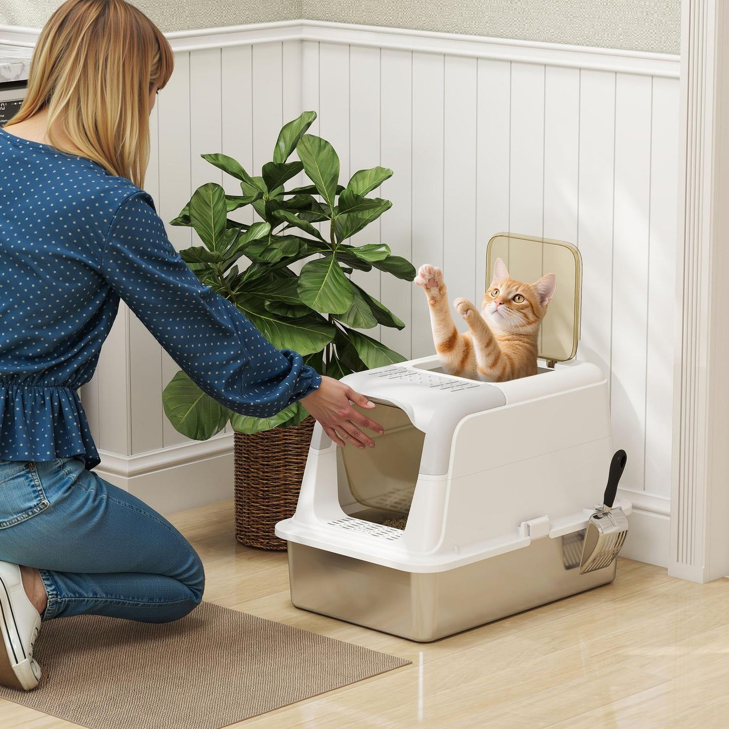 Covered Cat Litter Box with Stainless Tray & Scoop