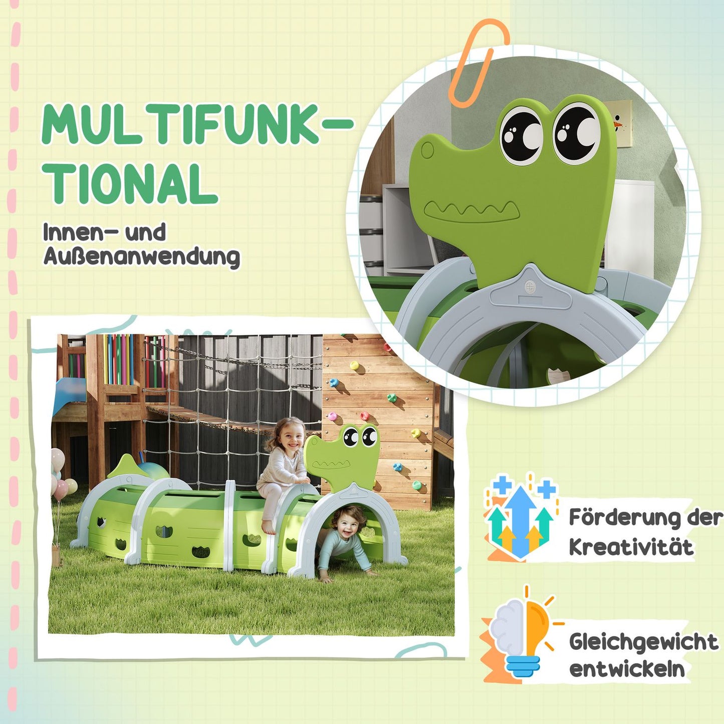Kids Crawling Tunnel - Crocodile Design, 194 cm, indoor/outdoor use