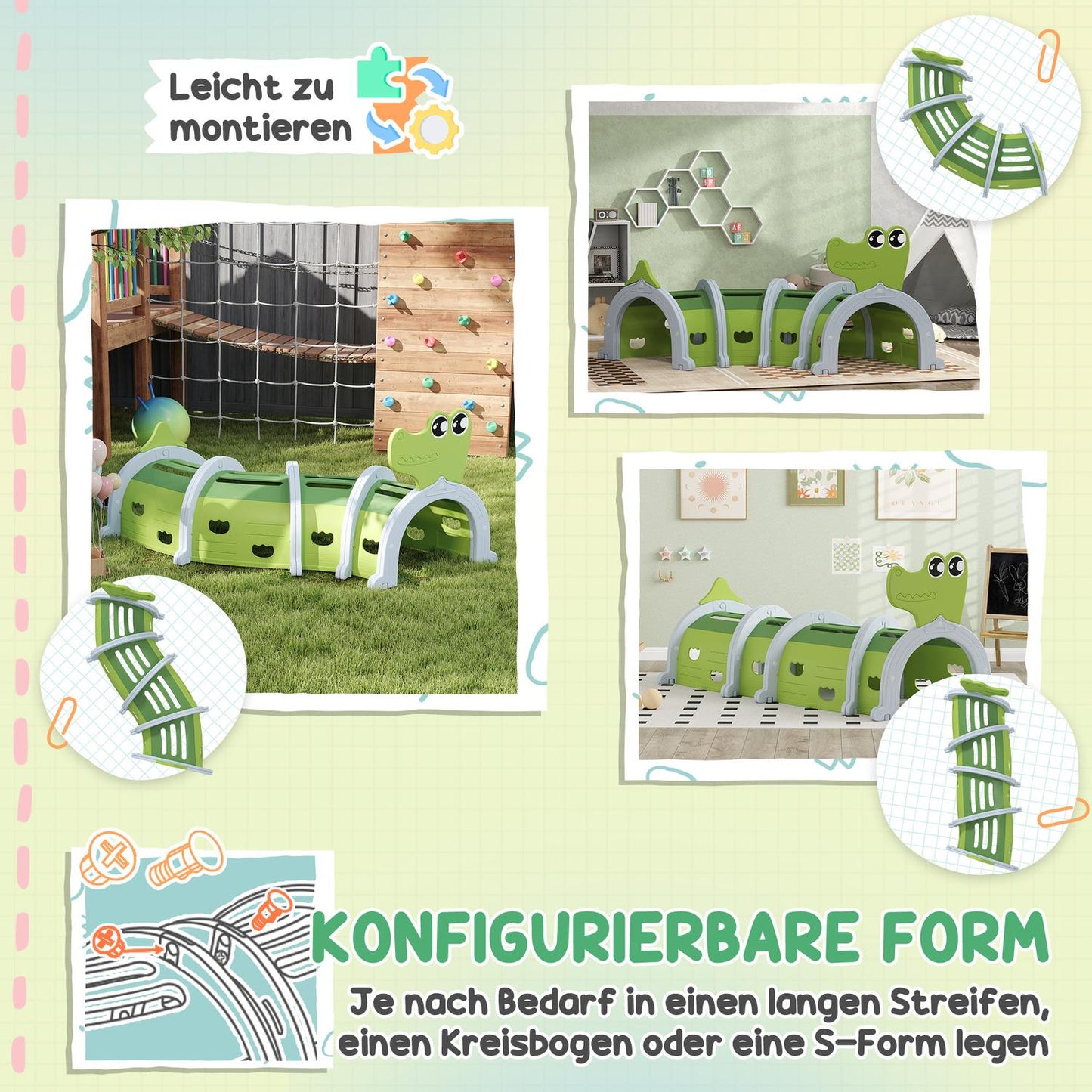 Kids Crawling Tunnel - Crocodile Design, 194 cm, indoor/outdoor use