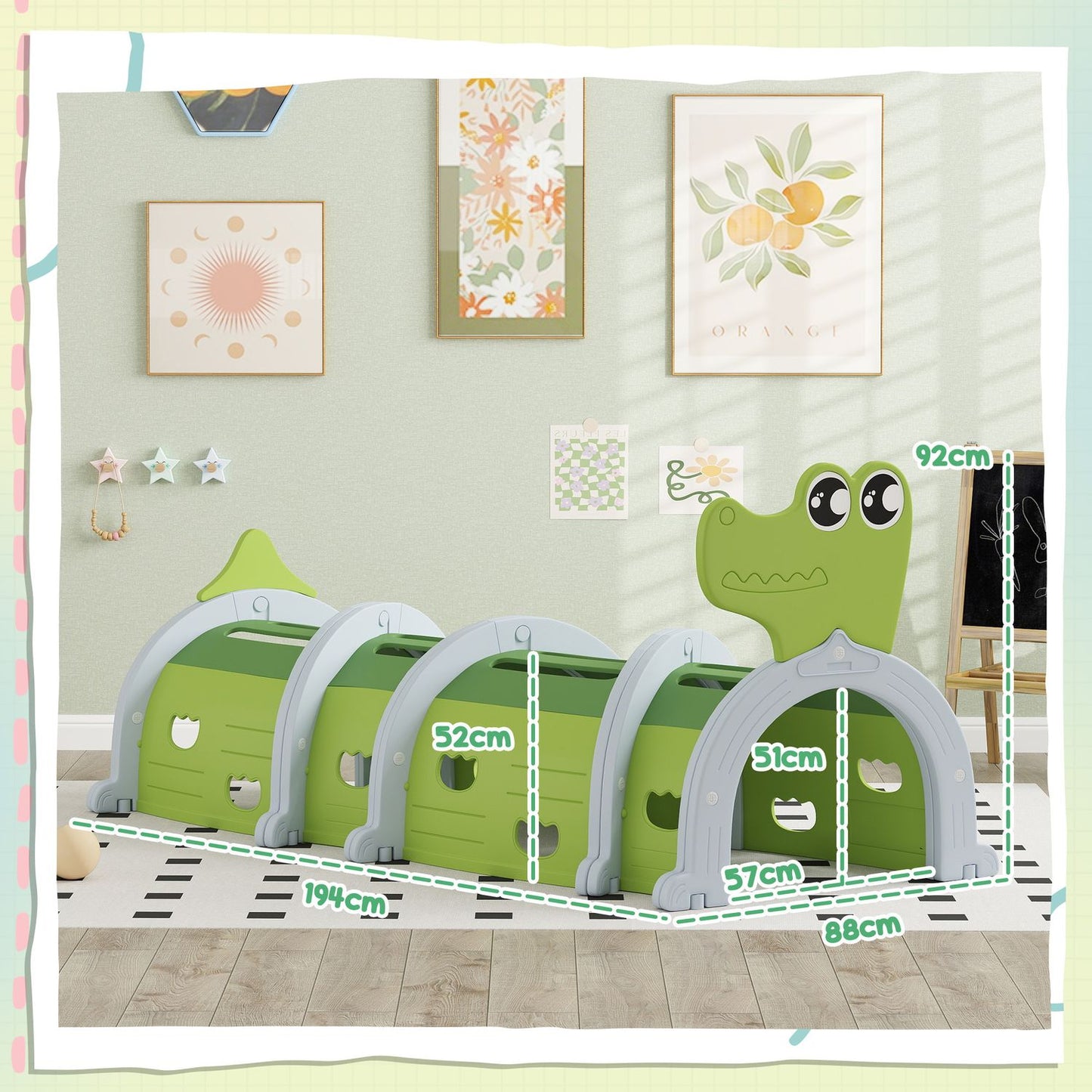 Kids Crawling Tunnel - Crocodile Design, 194 cm, indoor/outdoor use