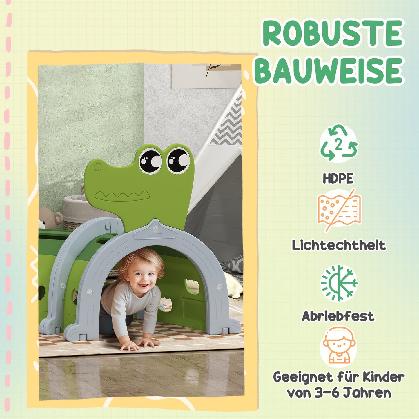 Kids Crawling Tunnel - Crocodile Design, 194 cm, indoor/outdoor use