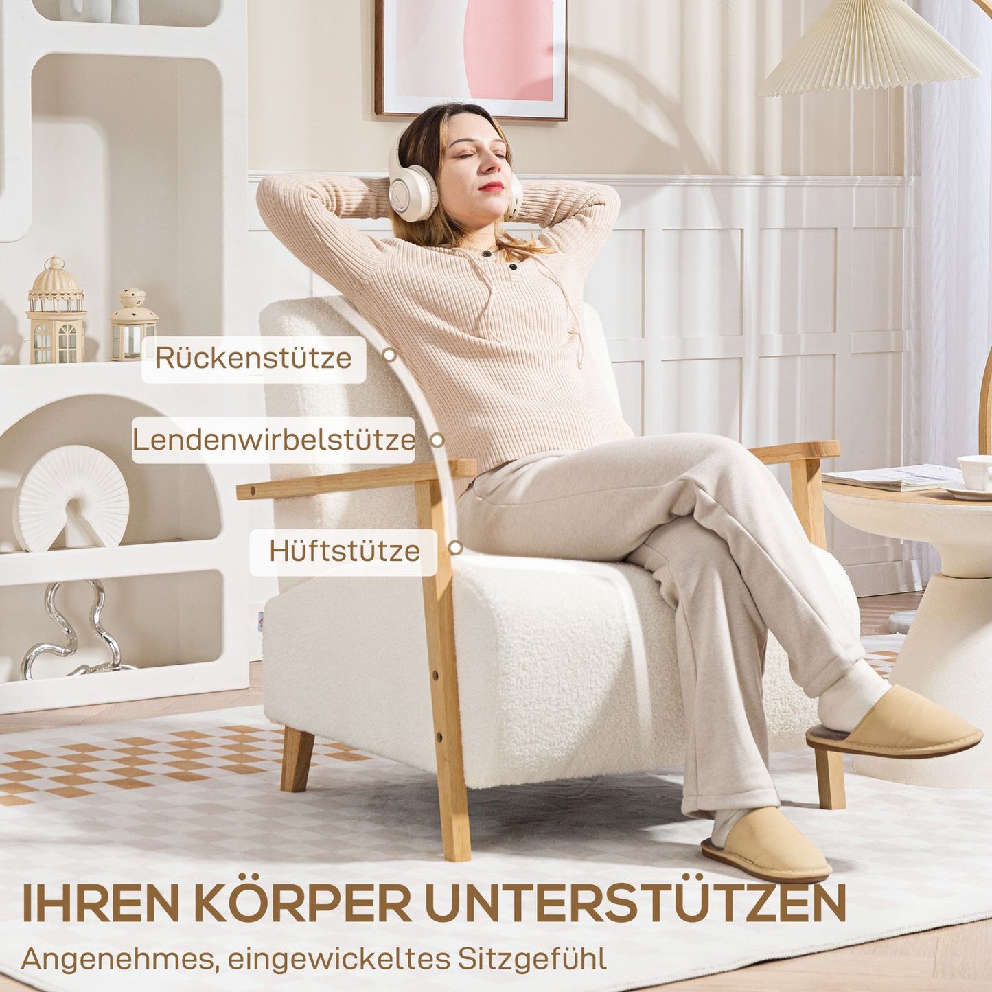 Cream Sherpa Lounge Chair, Padded, Wood Legs, 120kg Capacity