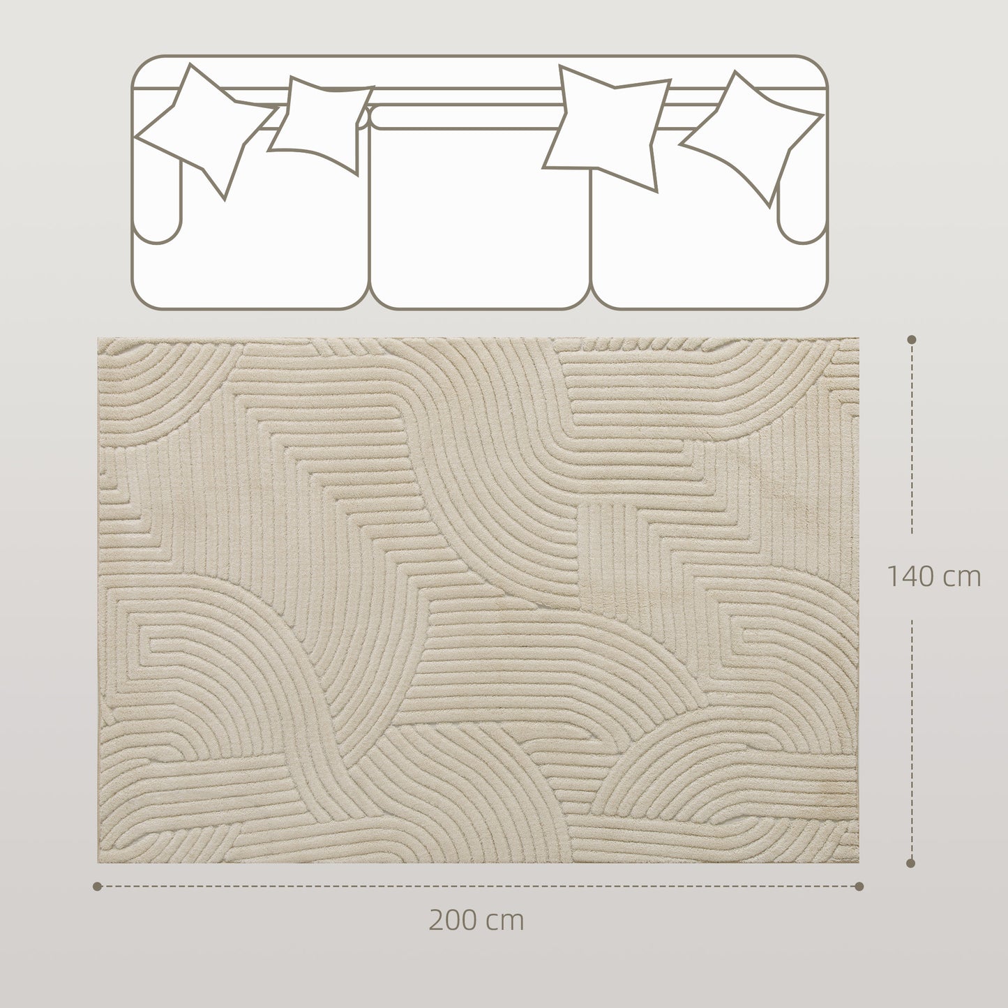 Cream White Area Rug, 15mm Pile, Non-Slip, 200x140 cm