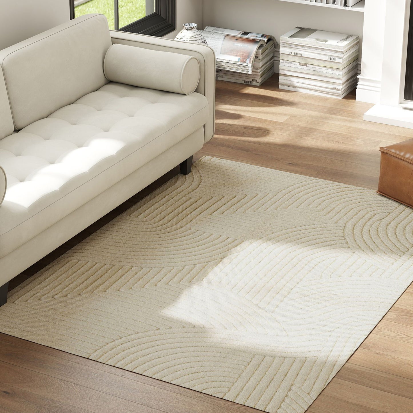 Cream White Area Rug, 15mm Pile, Non-Slip, 200x140 cm