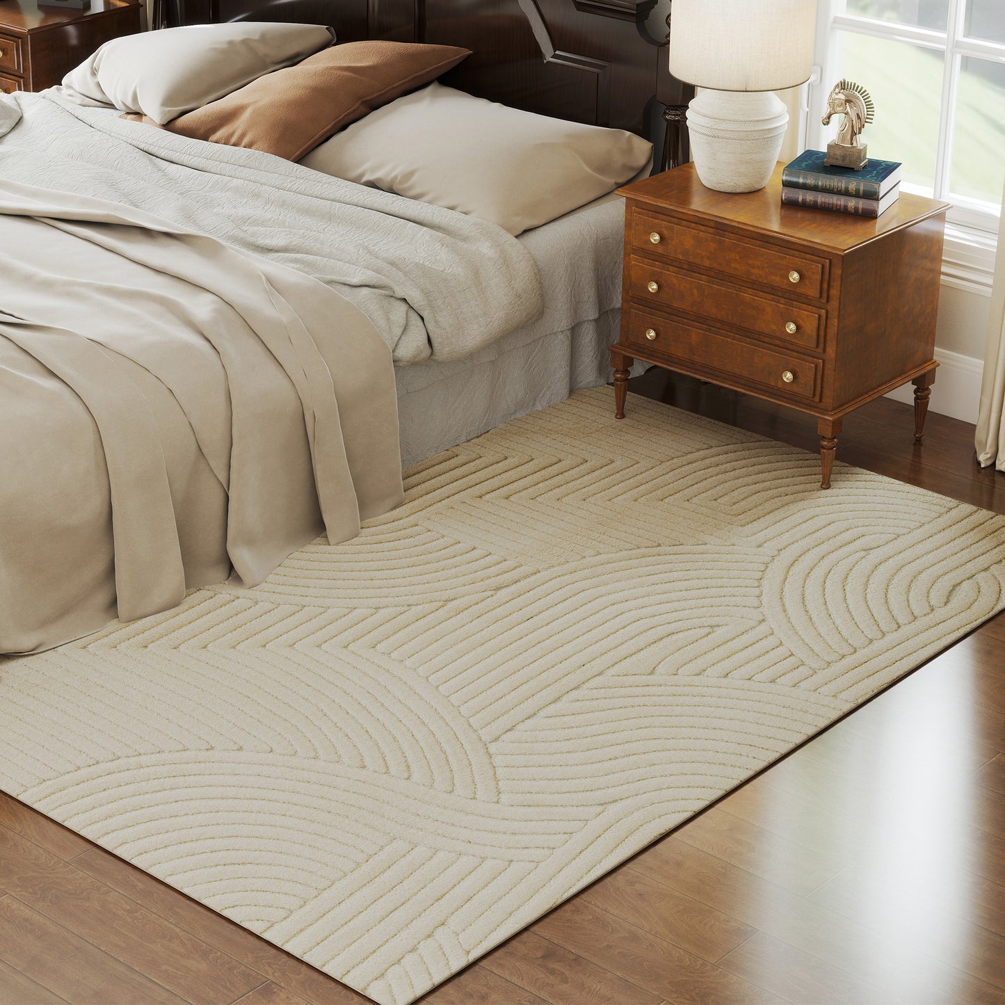Cream White Area Rug, 15mm Pile, Non-Slip, 230x160 cm