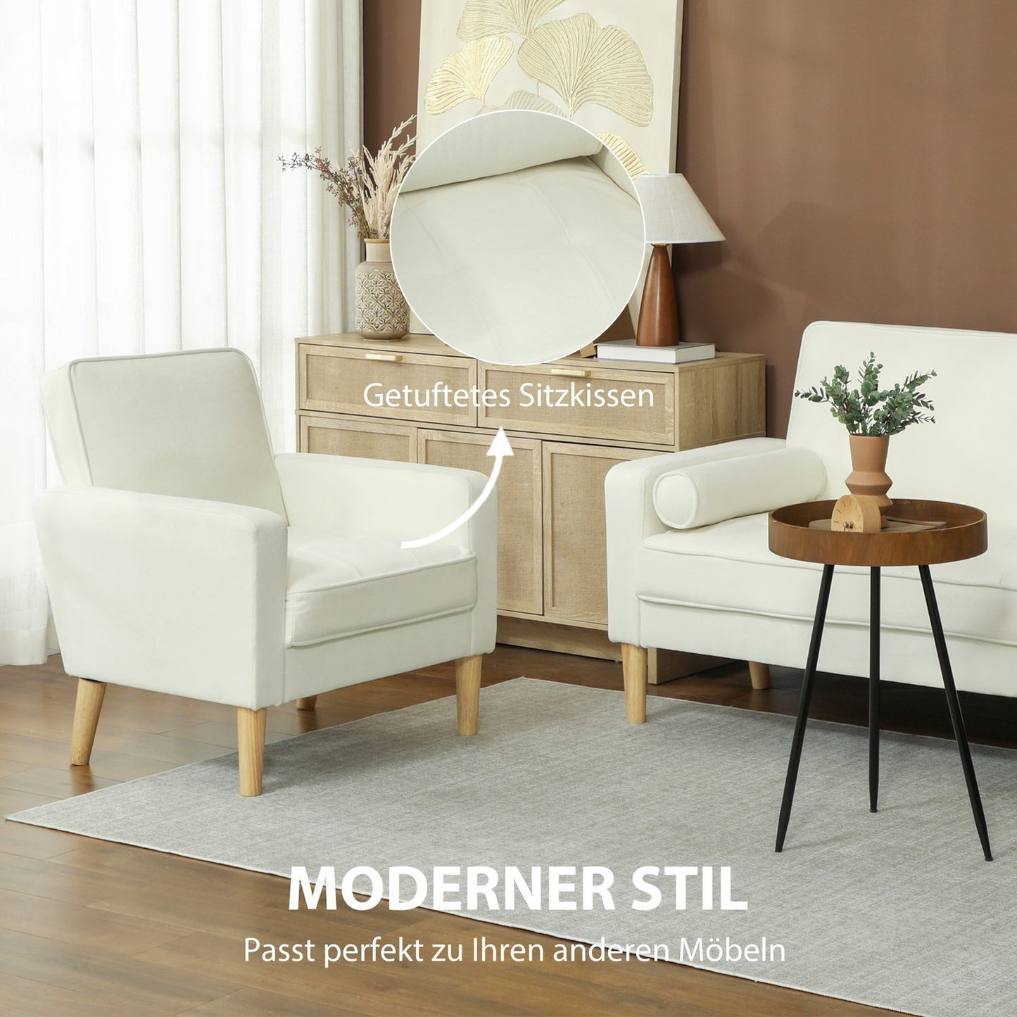 Cream White Armchair with Reclining Backrest, Rubberwood Legs