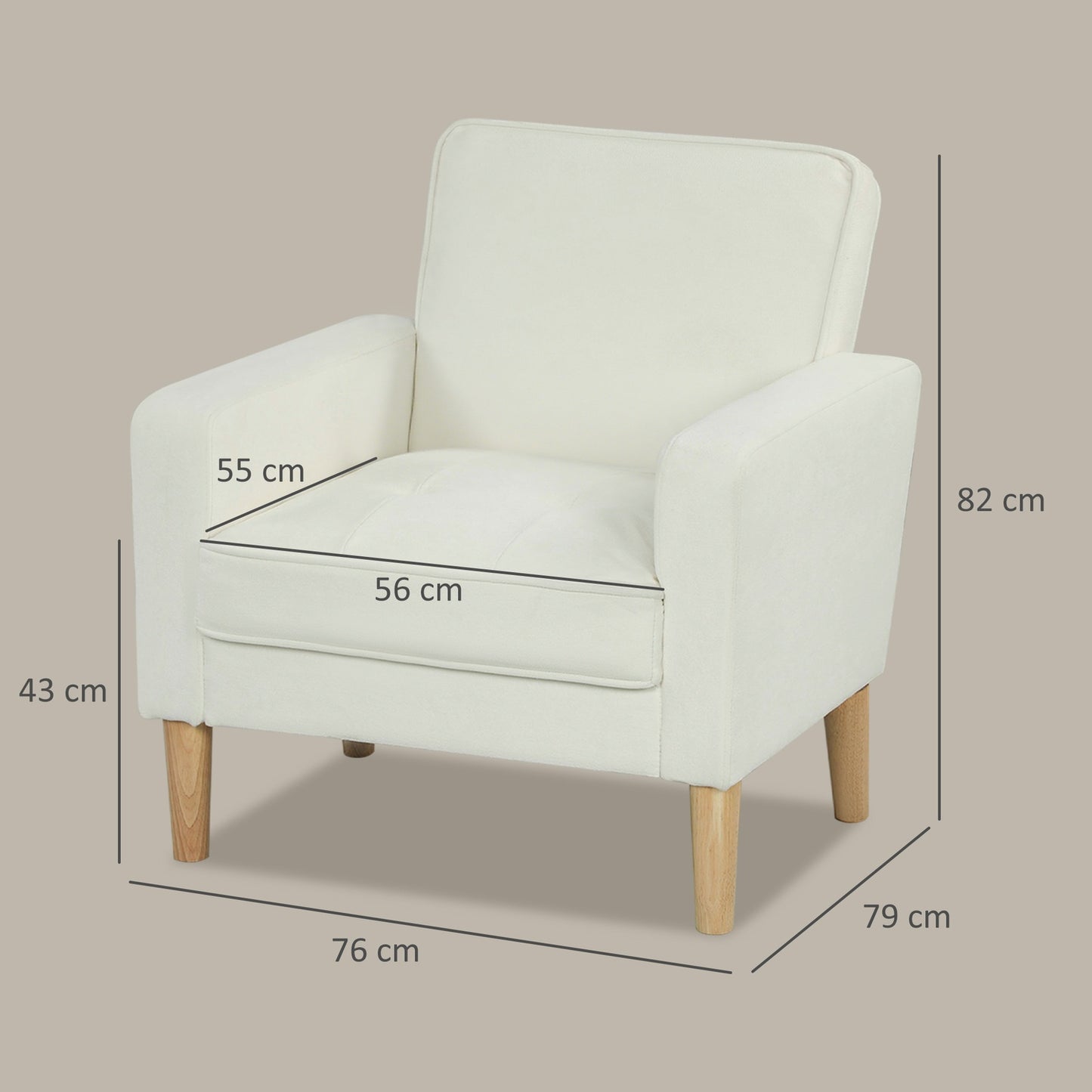Cream White Armchair with Reclining Backrest, Rubberwood Legs