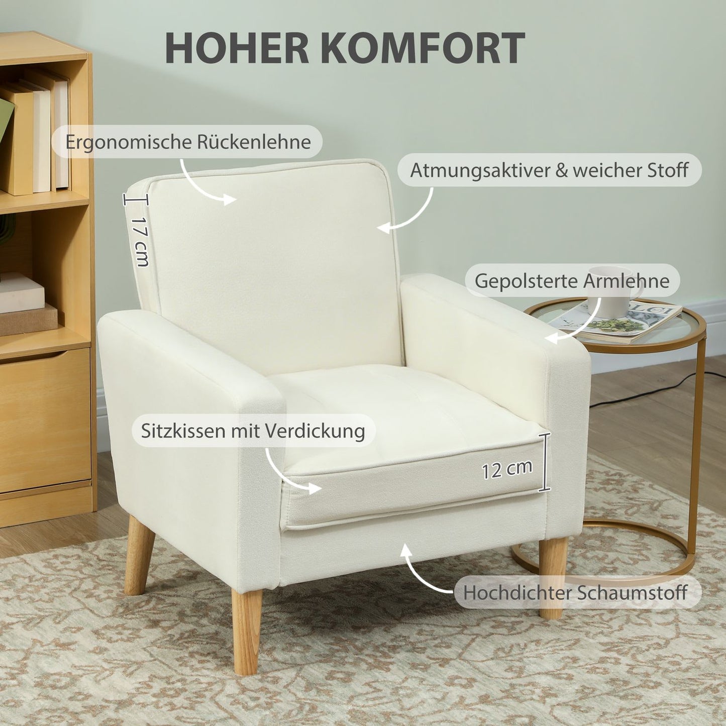 Cream White Armchair with Reclining Backrest, Rubberwood Legs