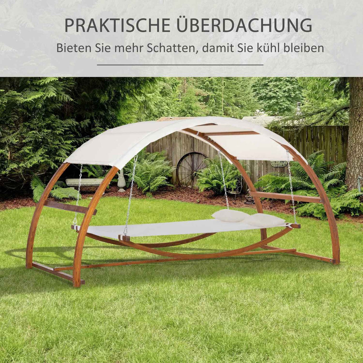 Cream white hammock with wooden frame and canopy, indoor/outdoor
