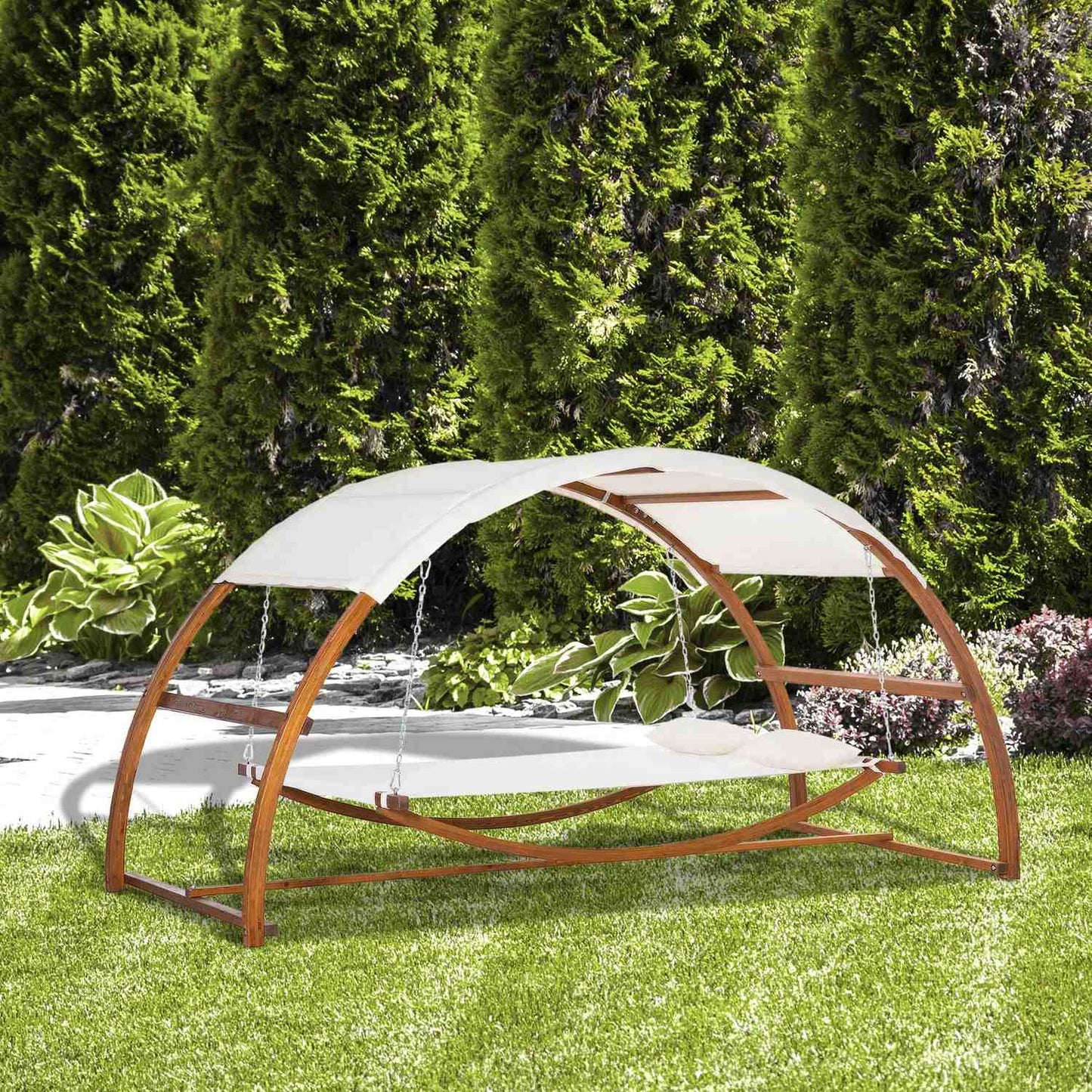 Cream white hammock with wooden frame and canopy, indoor/outdoor