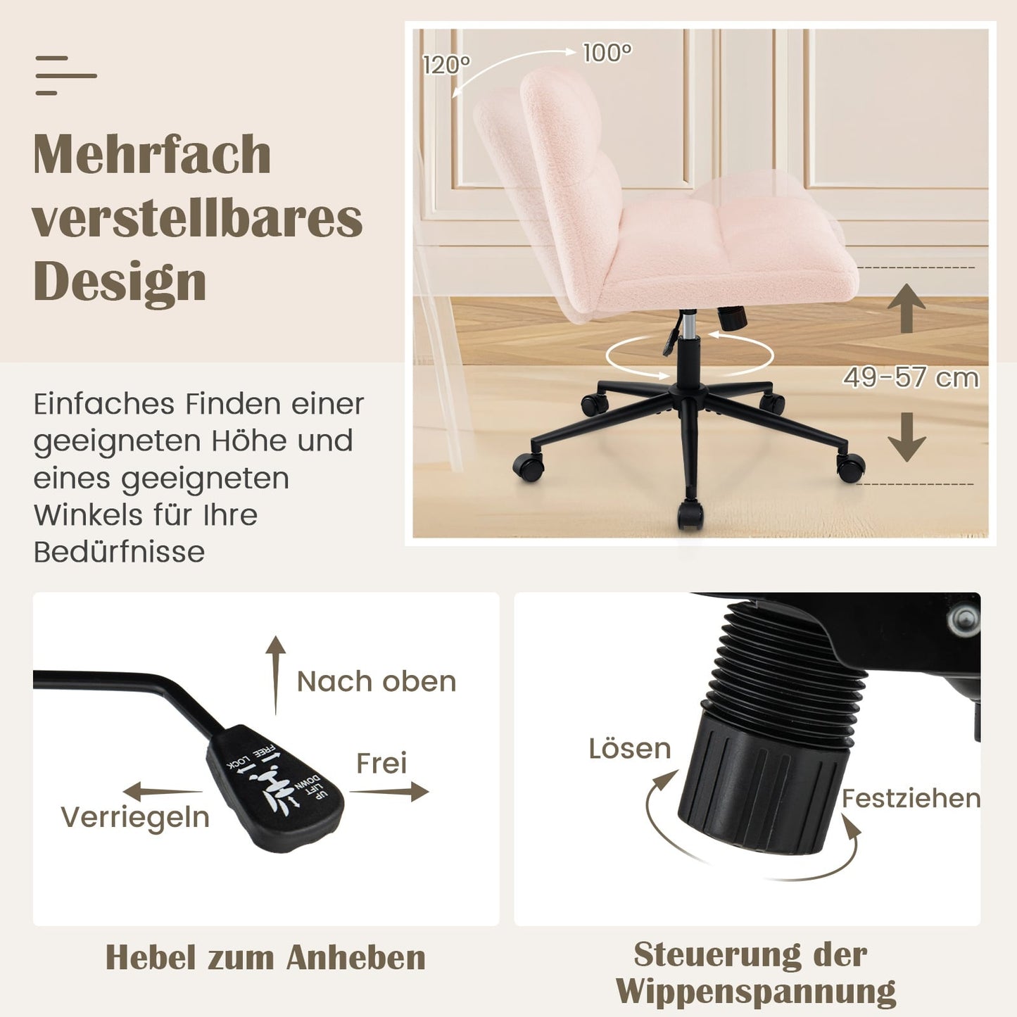Cross-Legged Office Chair with Wheels, Pink, Adjustable Height