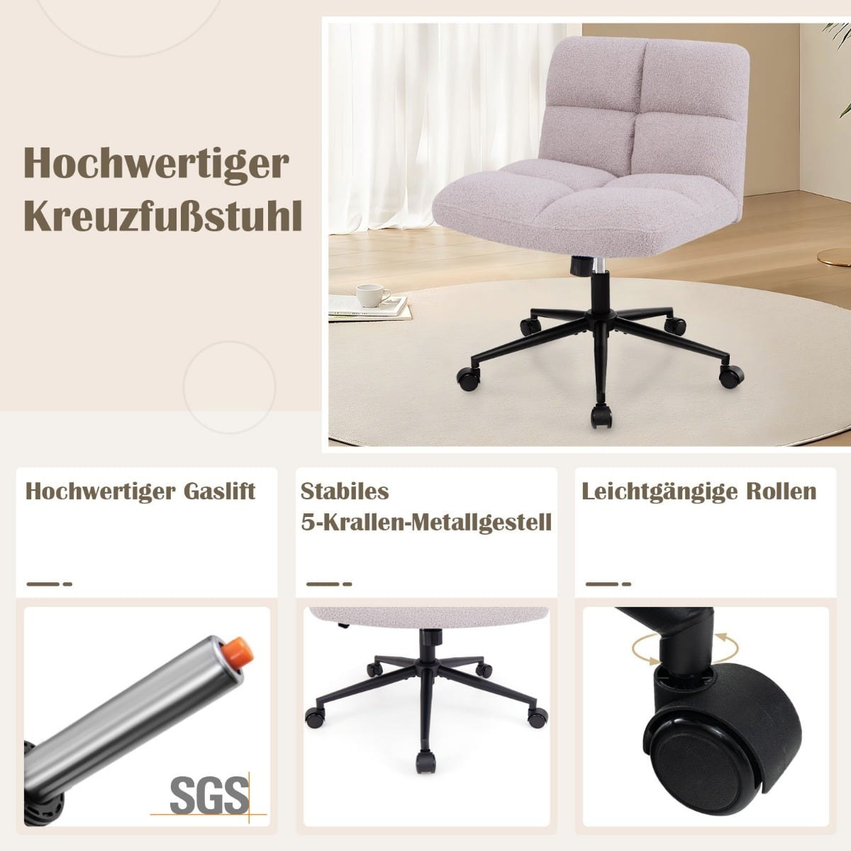 Cross-Legged Office Chair with Wheels, Wide Seat, Light Gray