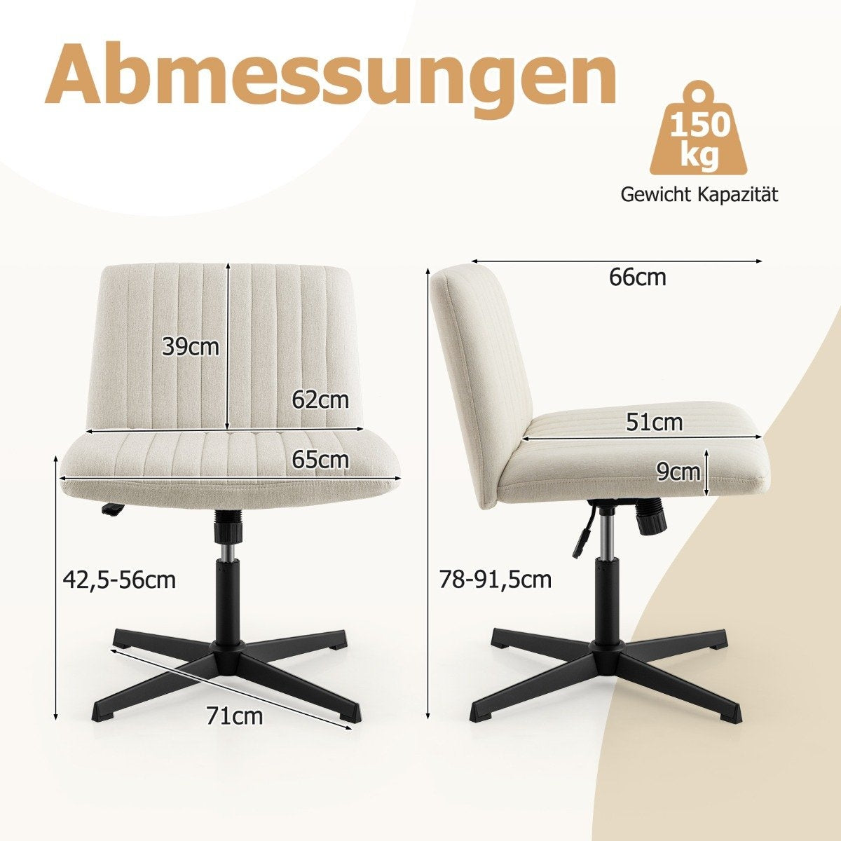 Cross-legged chair without armrests swivel chair with wide seat desk chair beige
