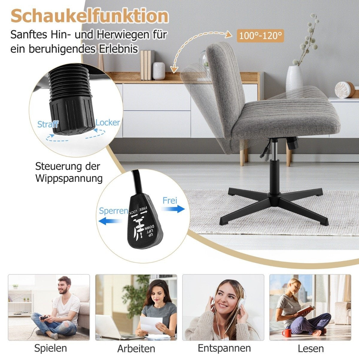 Cross-legged chair without armrests swivel chair with wide seat desk chair gray